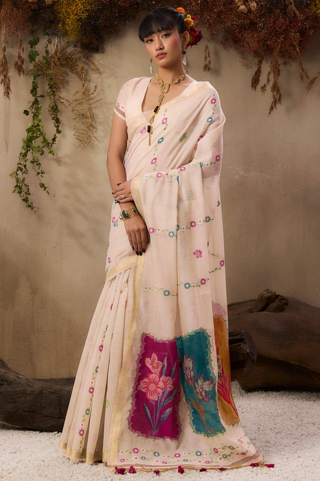 Grain Beige Handloom Munga cotton Silk Saree