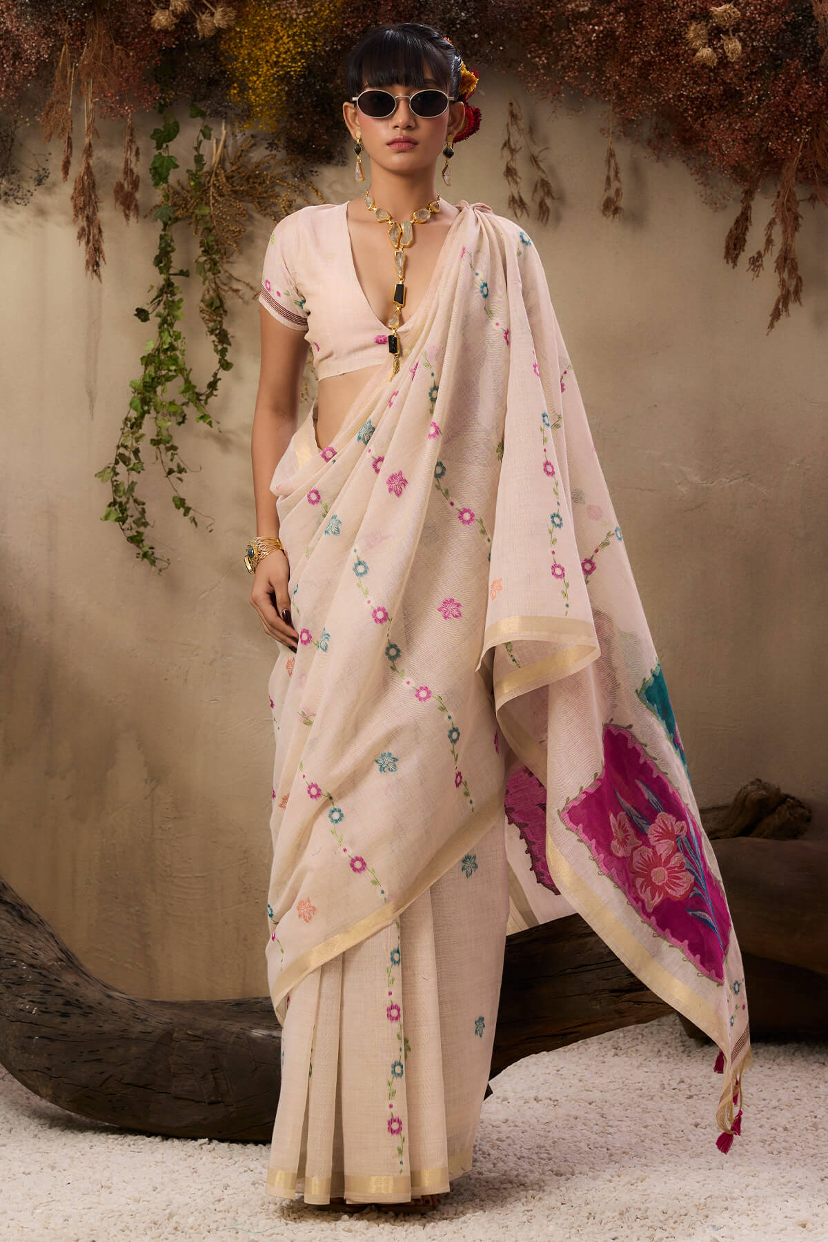Grain Beige Handloom Munga cotton Silk Saree