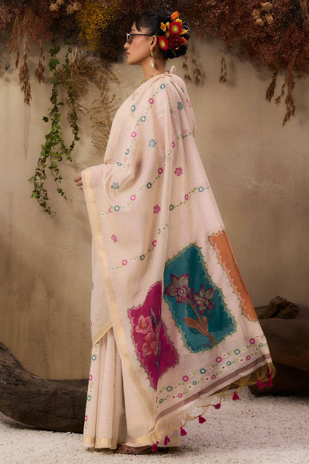 Grain Beige Handloom Munga cotton Silk Saree