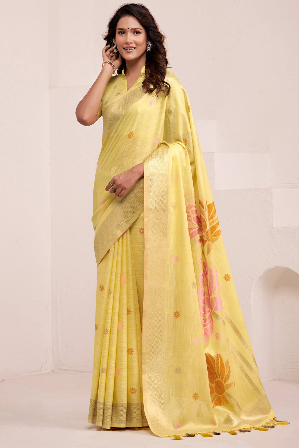 Grandis Yellow Soft Linen Silk Saree