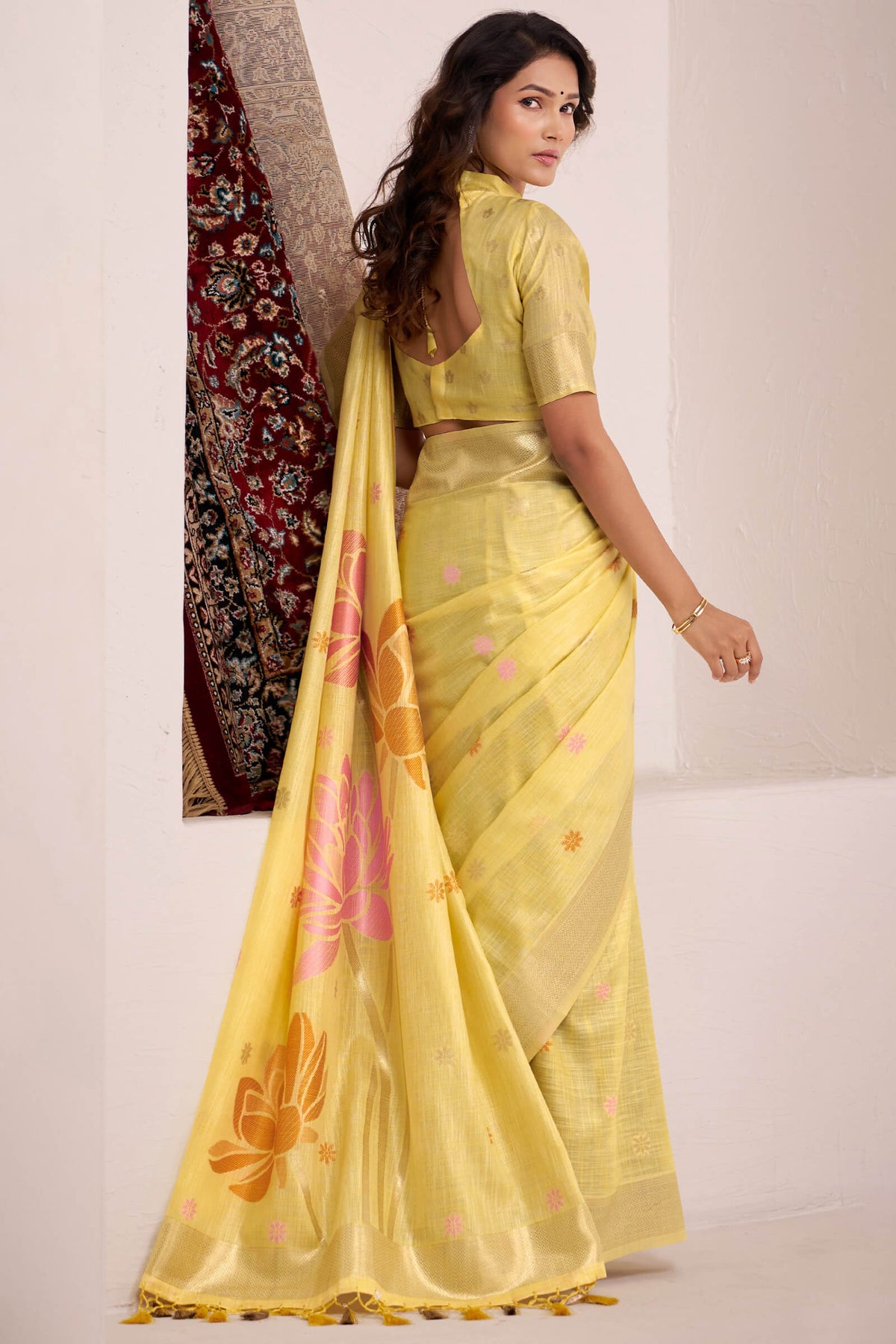 Grandis Yellow Soft Linen Silk Saree