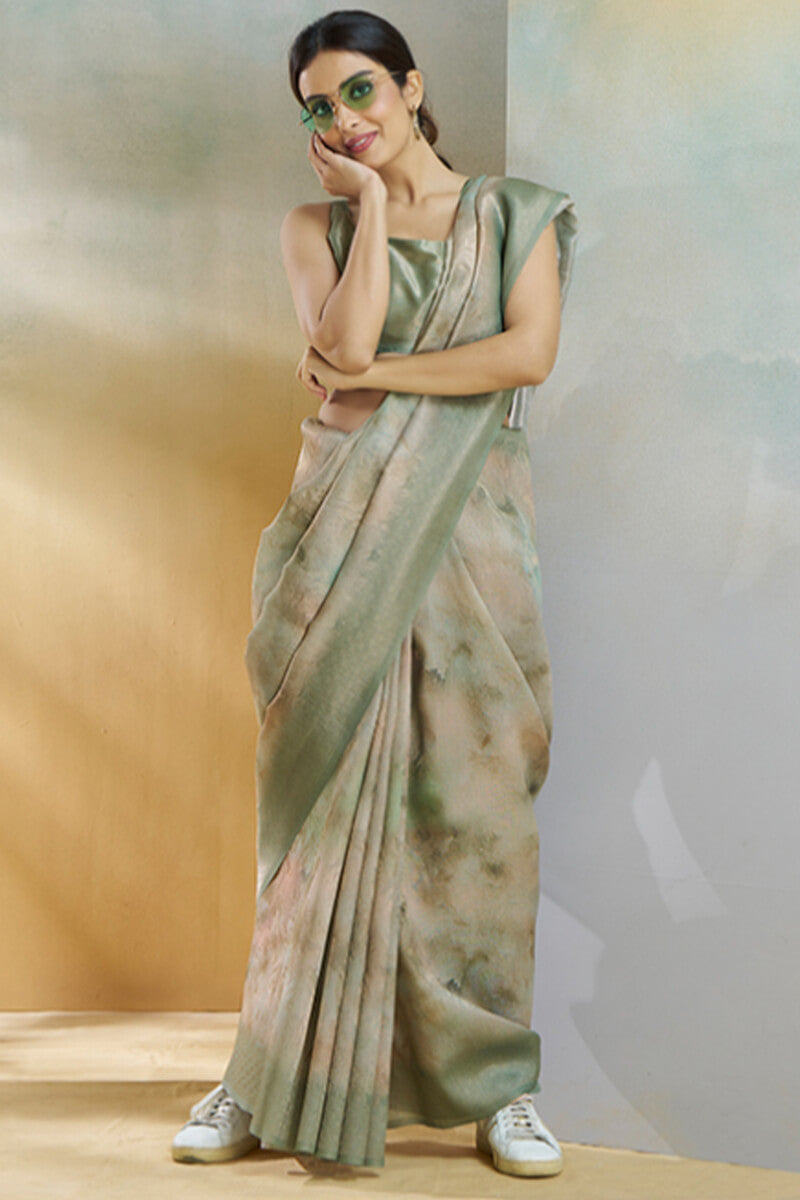 Granite Green Digital Printed Khadi Silk Saree