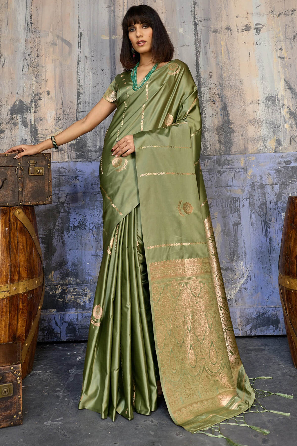 Granite Green Zari woven Banarasi Satin silk saree