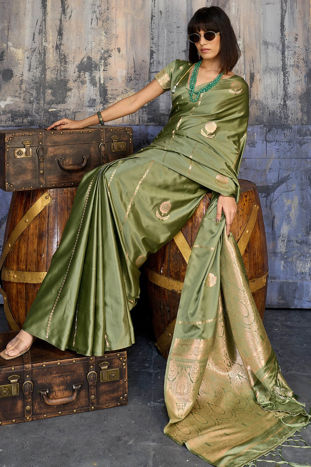 Granite Green Zari woven Banarasi Satin silk saree