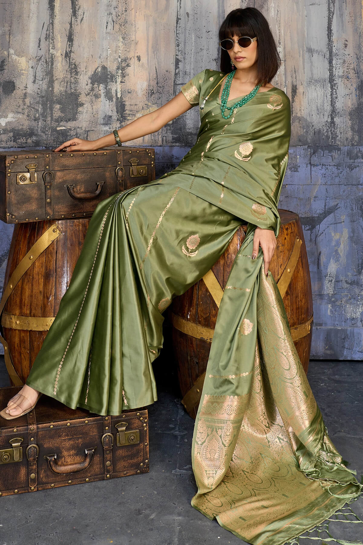 Granite Green Zari woven Banarasi Satin silk saree