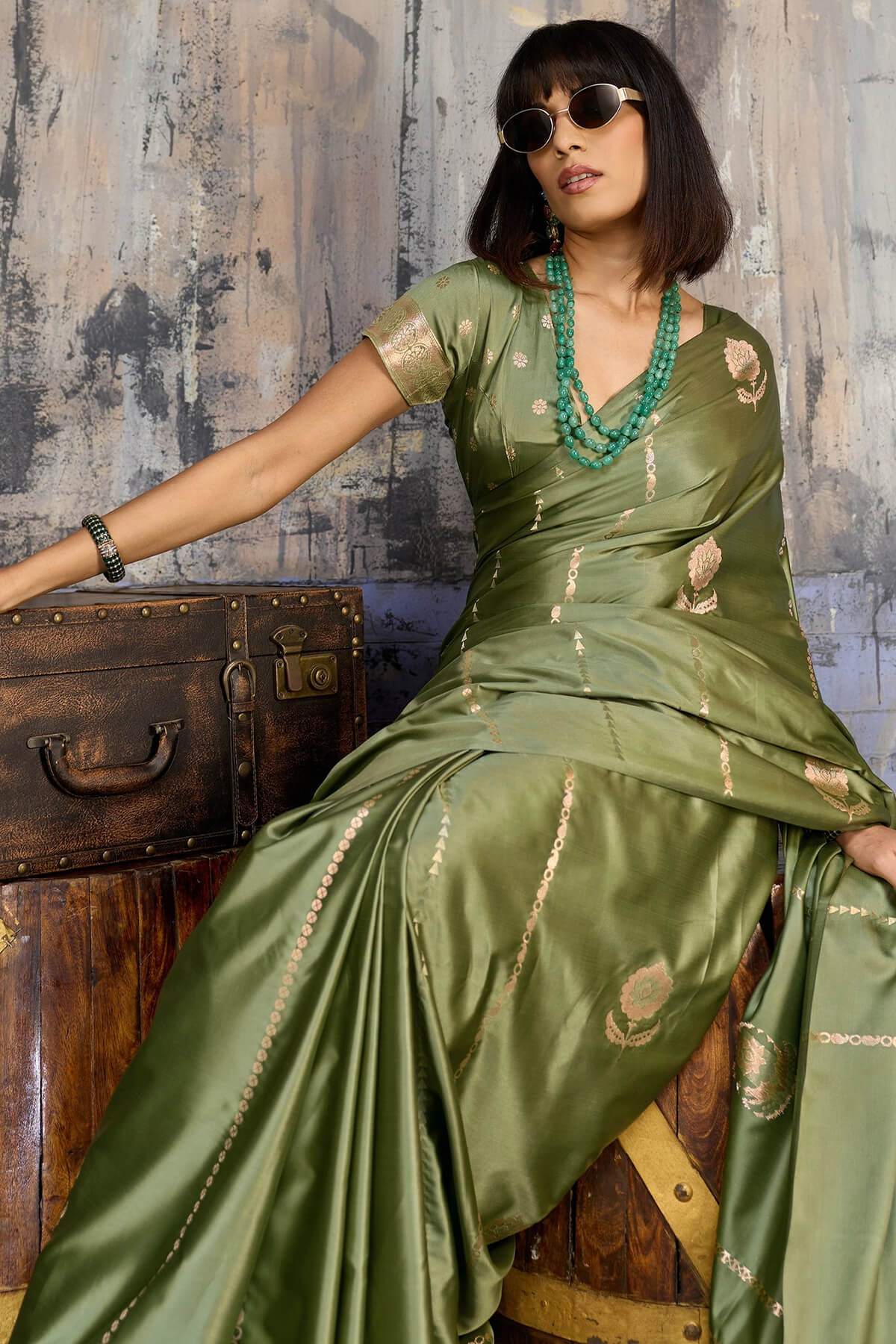 Granite Green Zari woven Banarasi Satin silk saree