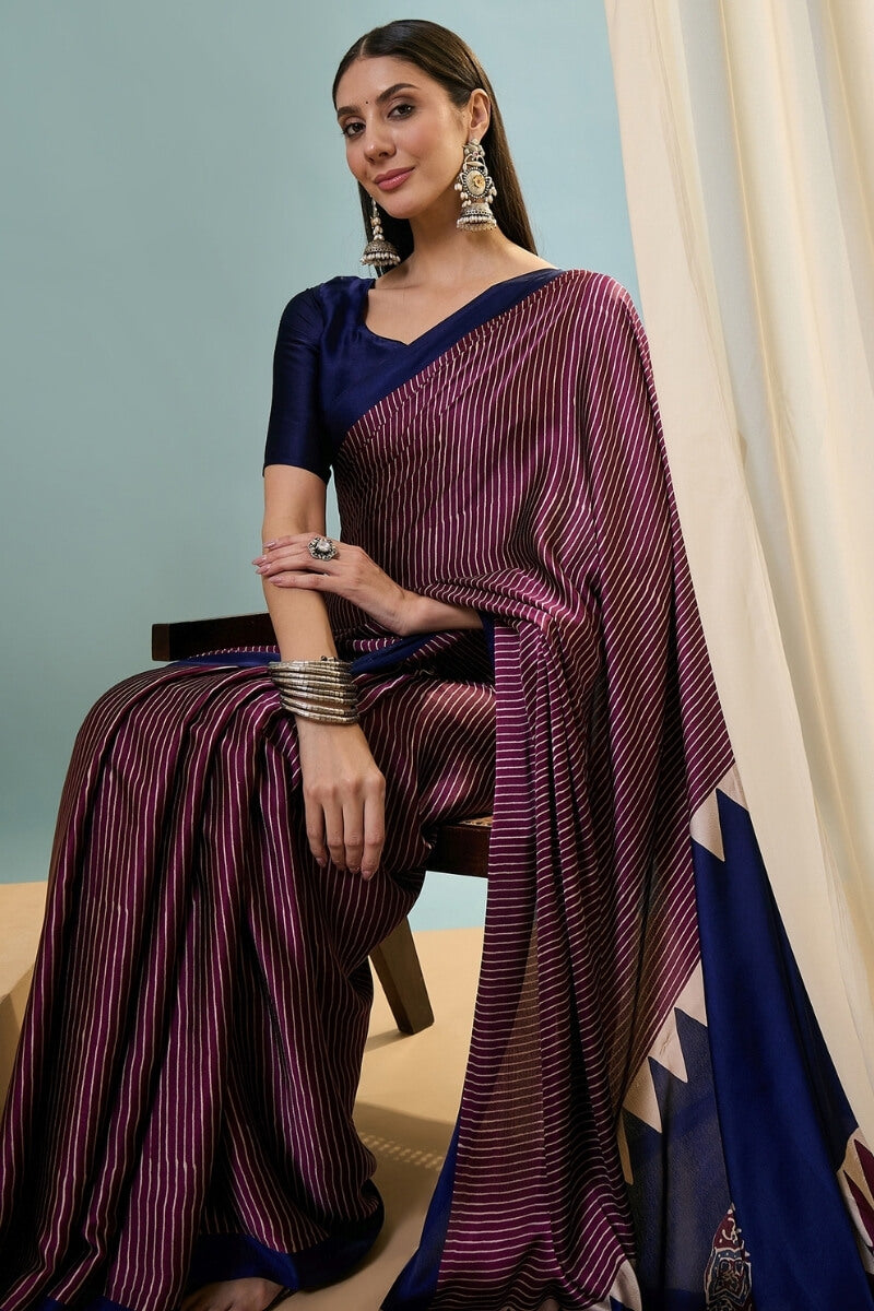 Grape Purple Ajrakh Printed Satin Silk Saree