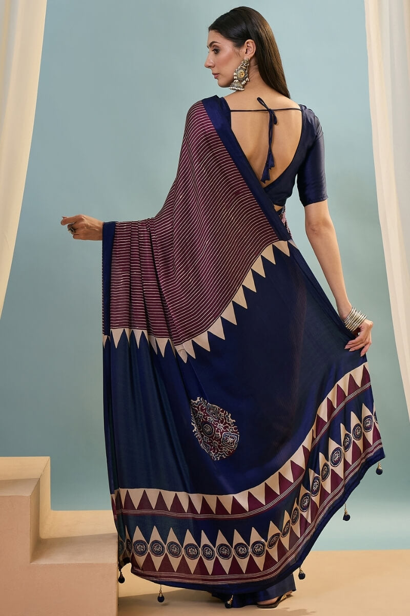 Grape Purple Ajrakh Printed Satin Silk Saree