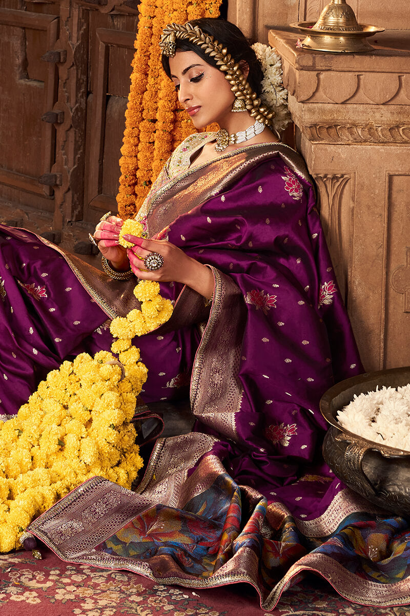 Grape Purple Pure Silk Saree With Embroidery Blouse