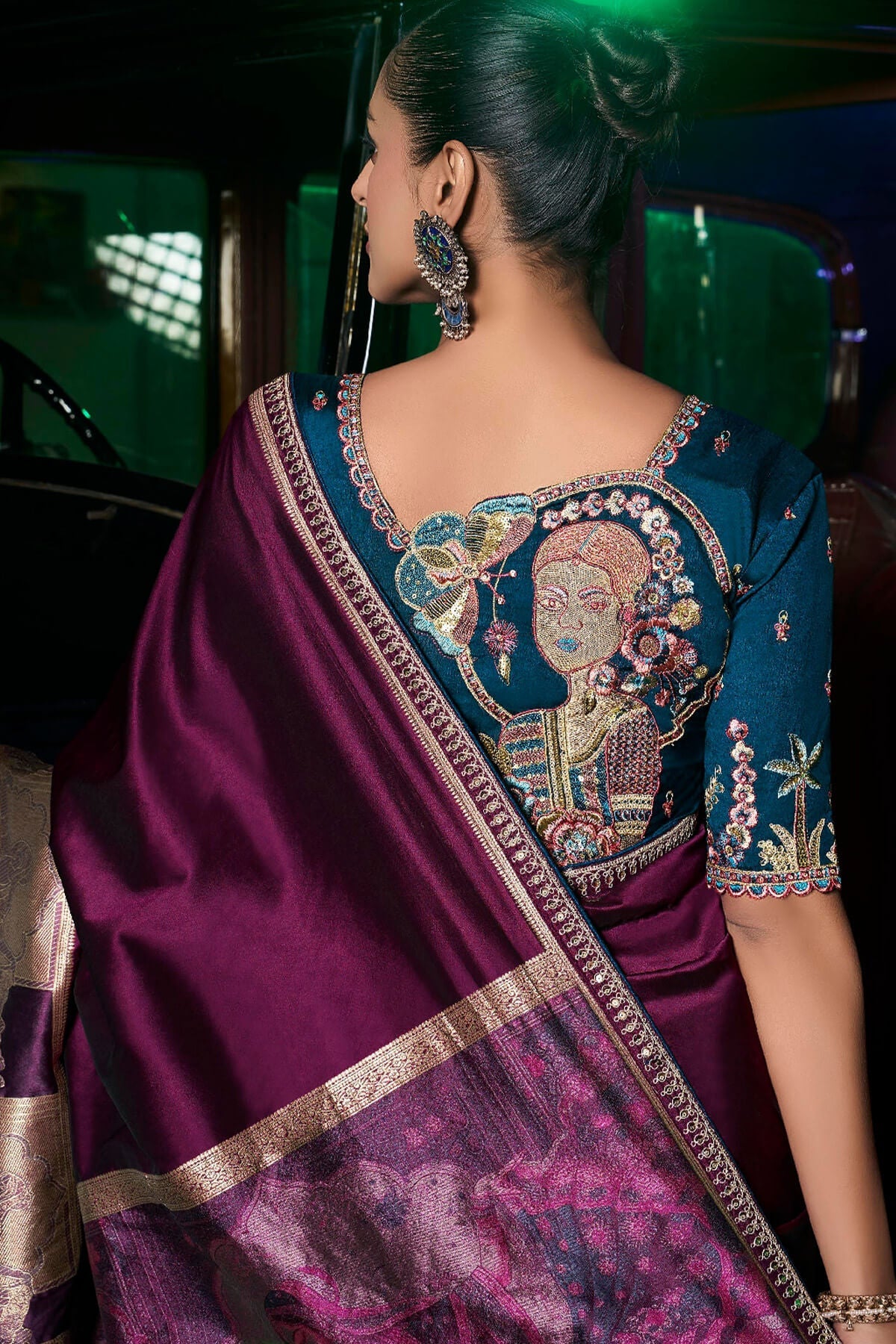 Grape Purple Pure Silk Saree With Fancy Lace Border and Embroidery Blouse