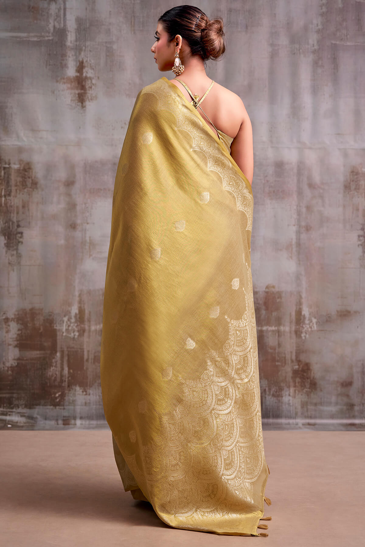 Greenish Beige Zari Woven Banarasi Tissue Silk Saree