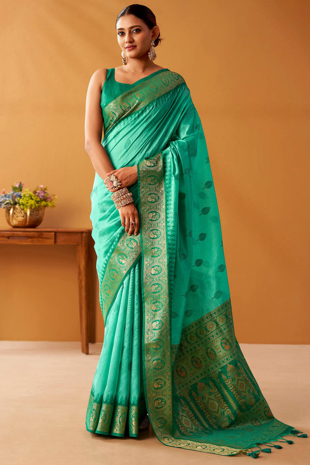 Greenish Turquoise Cotton Modal Silk Saree with Pochampally Border and Pallu