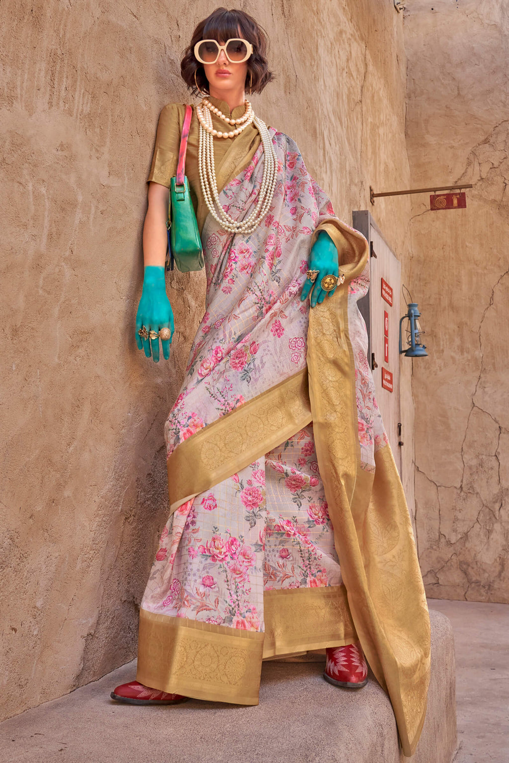 Grey and Gold Zari Woven Printed Georgette saree