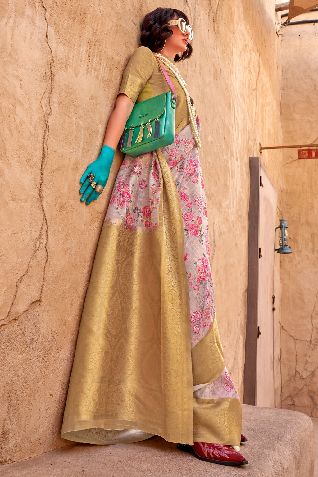 Grey and Gold Zari Woven Printed Georgette saree