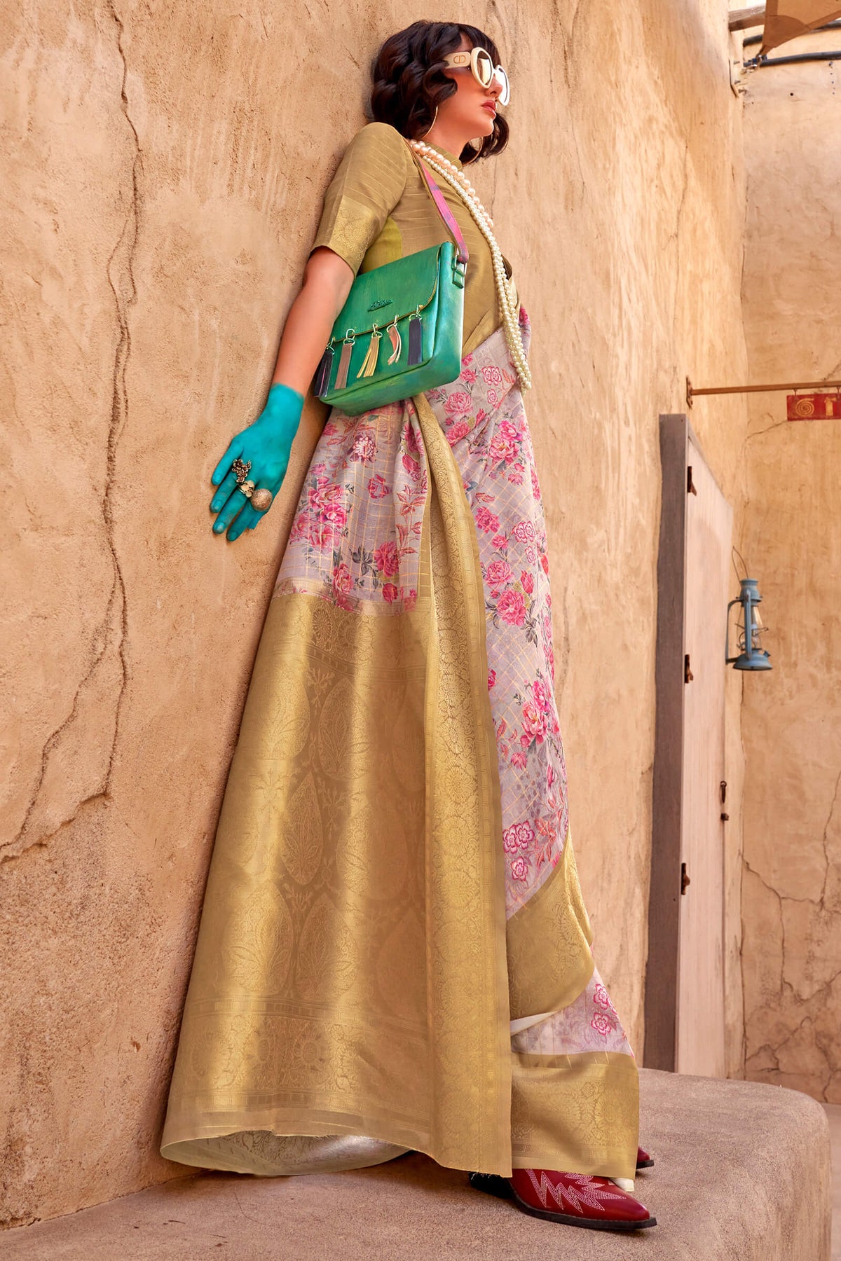 Grey and Gold Zari Woven Printed Georgette saree