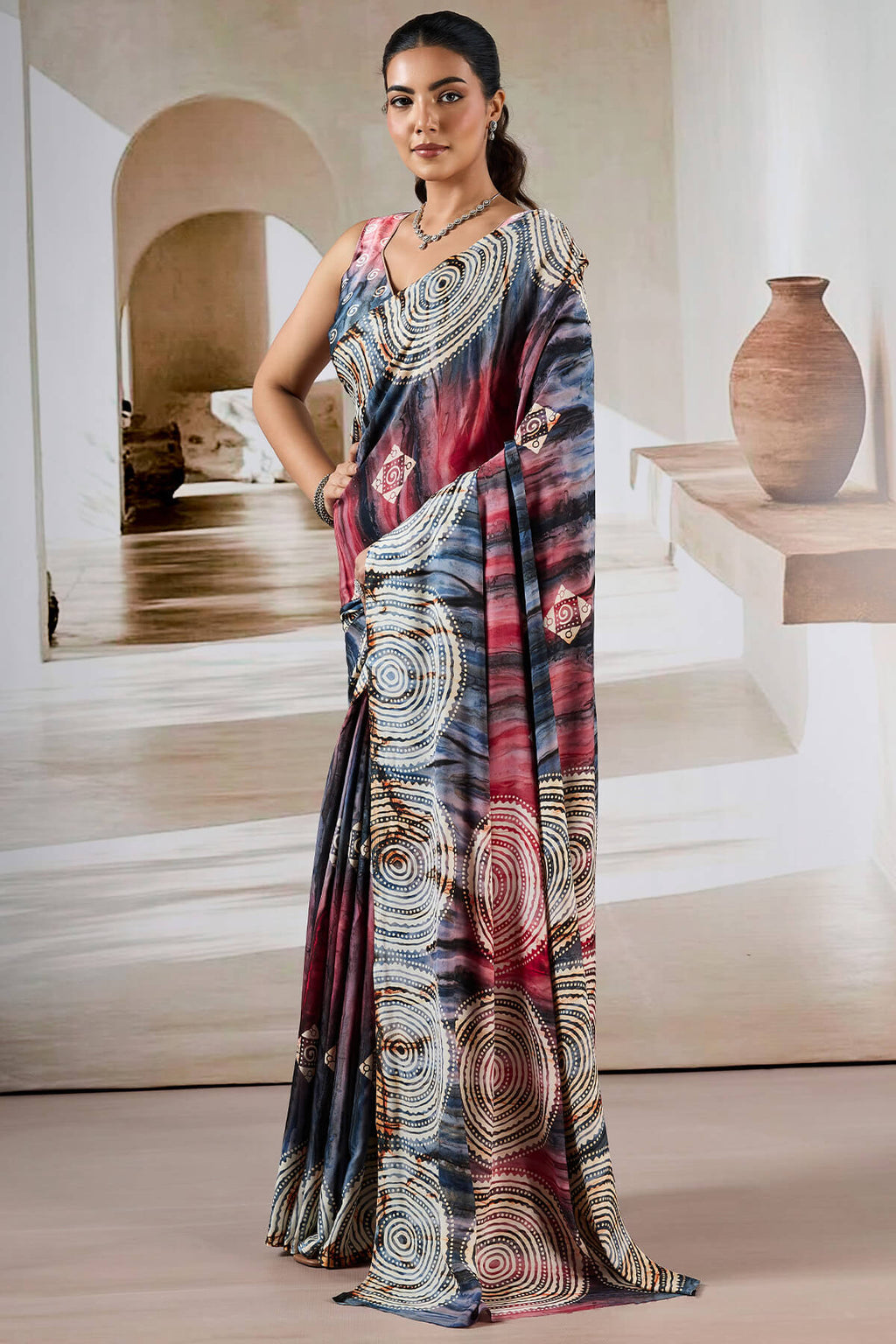 Grey and Red Hand Prism Printed Satin Silk Saree