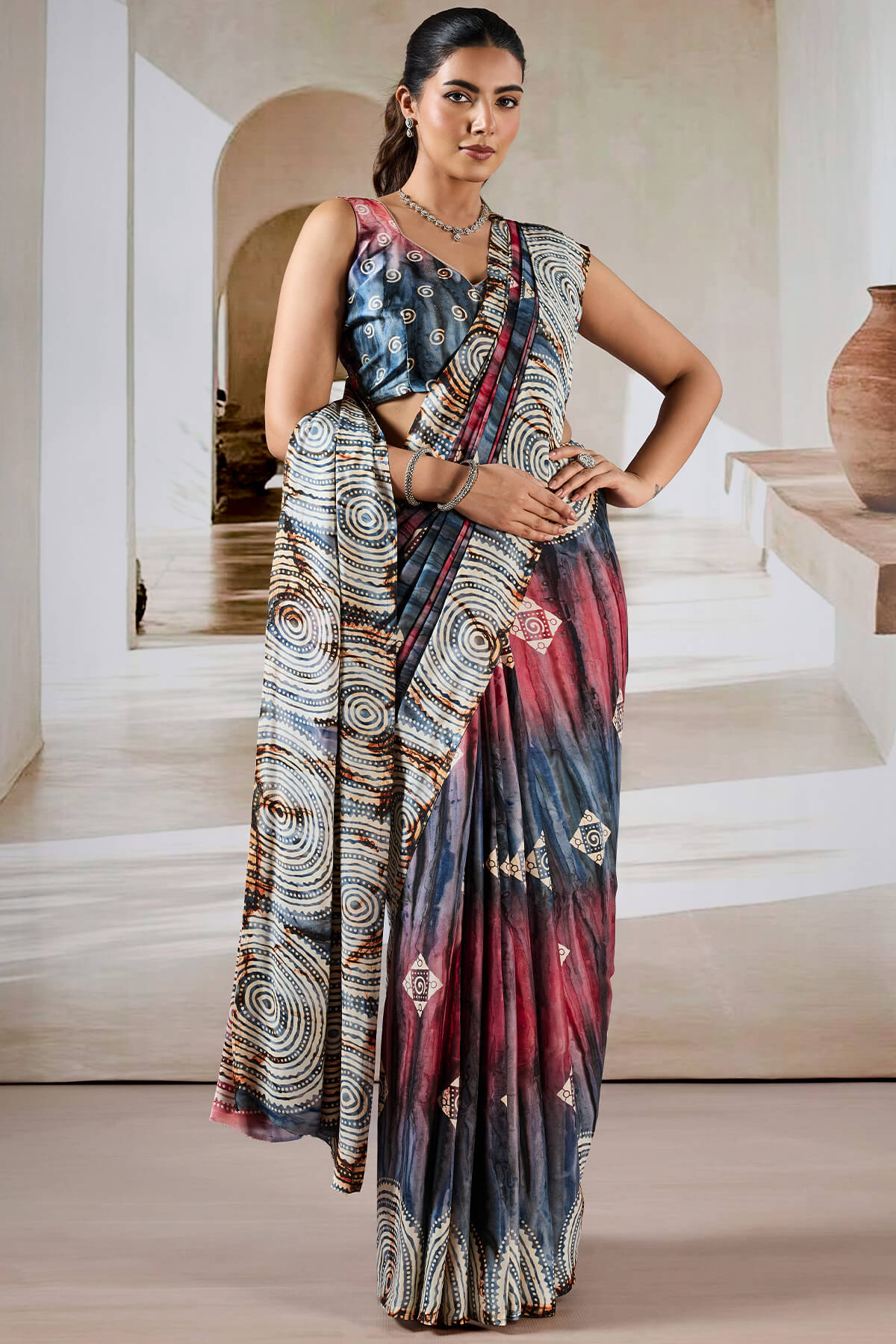 Grey and Red Hand Prism Printed Satin Silk Saree