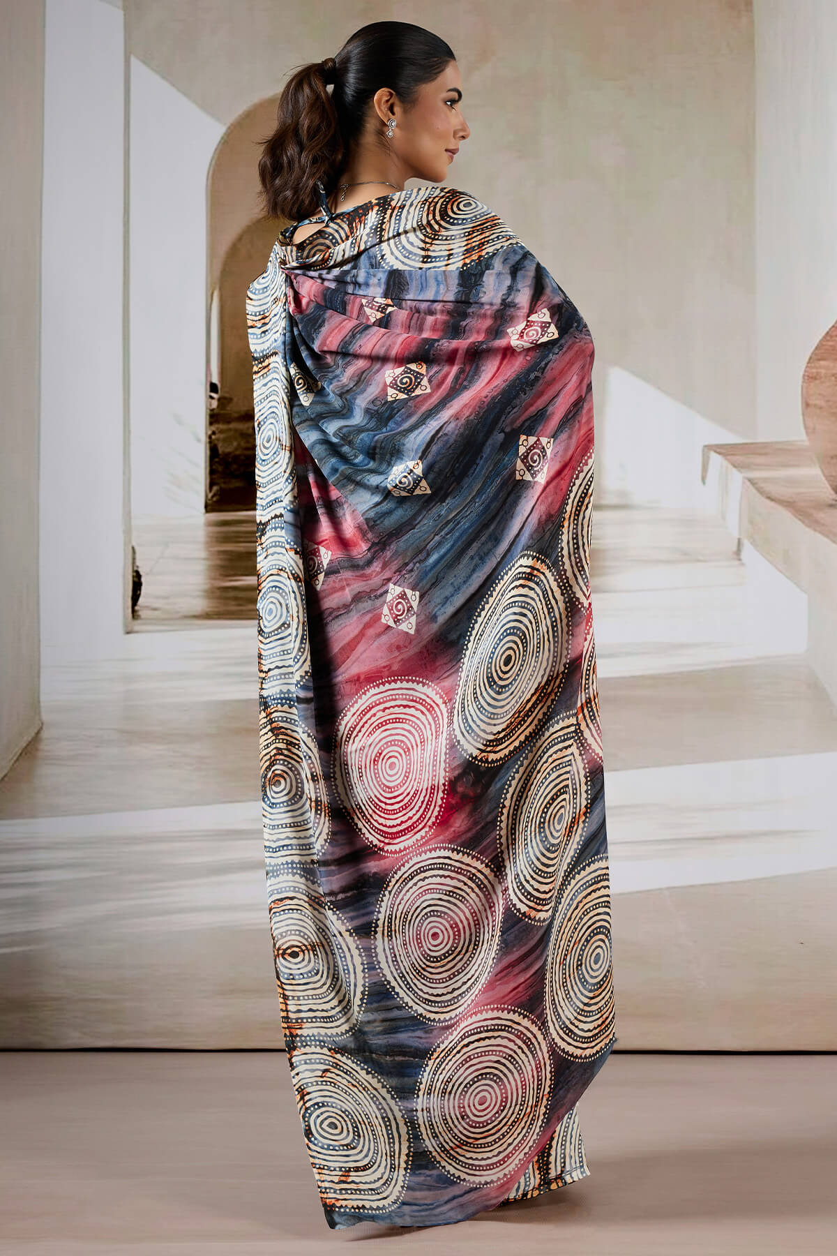 Grey and Red Hand Prism Printed Satin Silk Saree