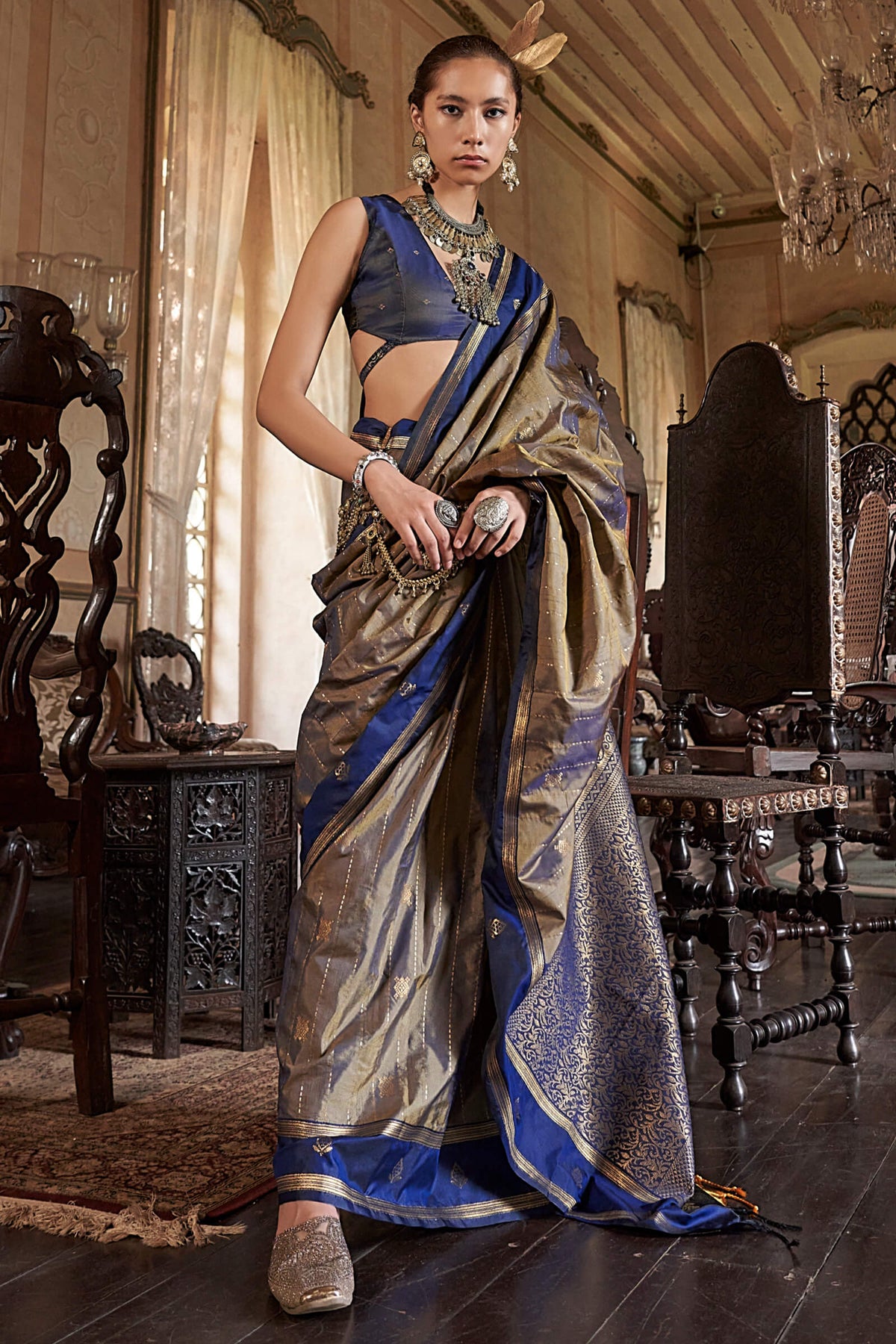 Greyish Brown Banarasi Tussar Silk Saree
