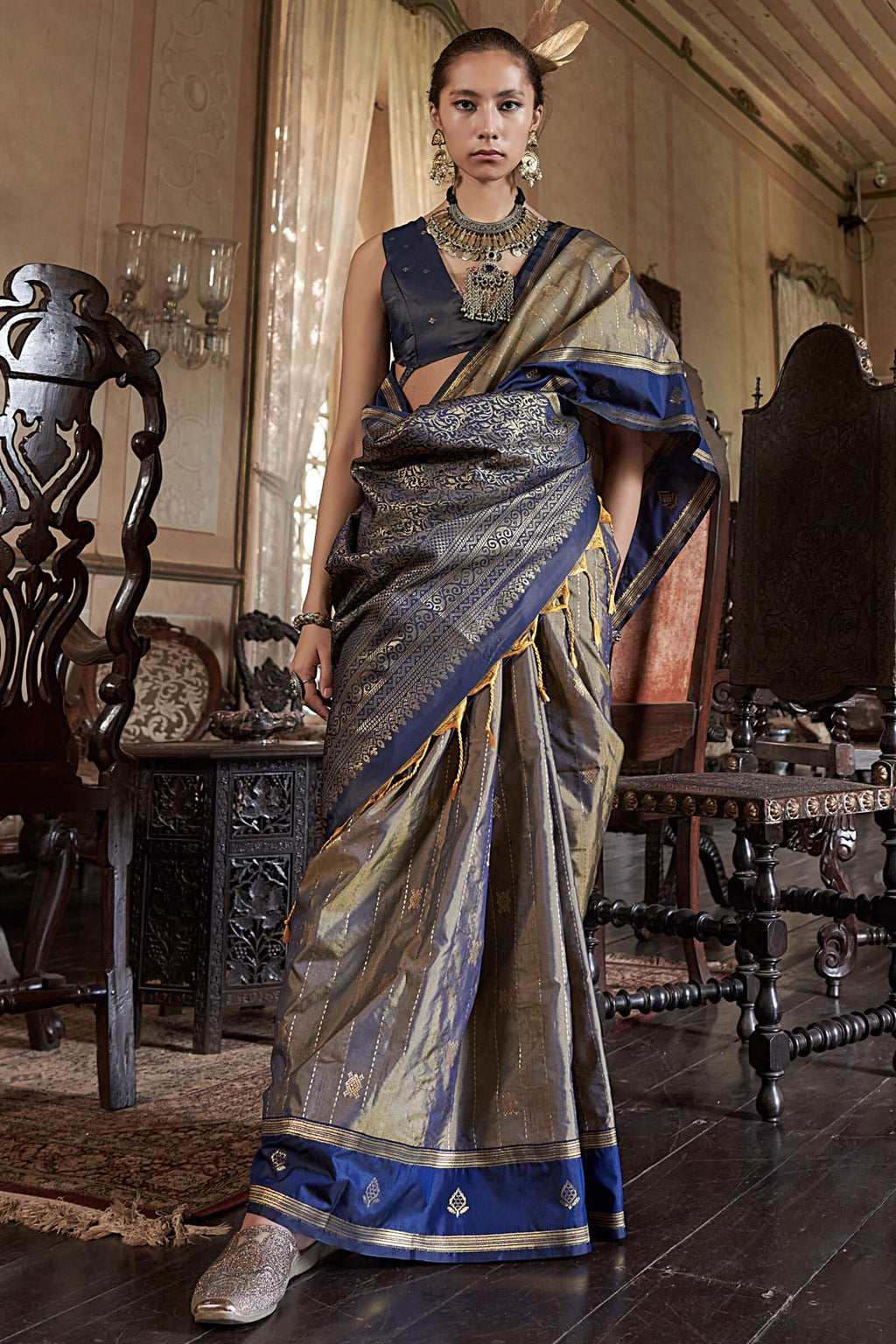 Greyish Brown Banarasi Tussar Silk Saree