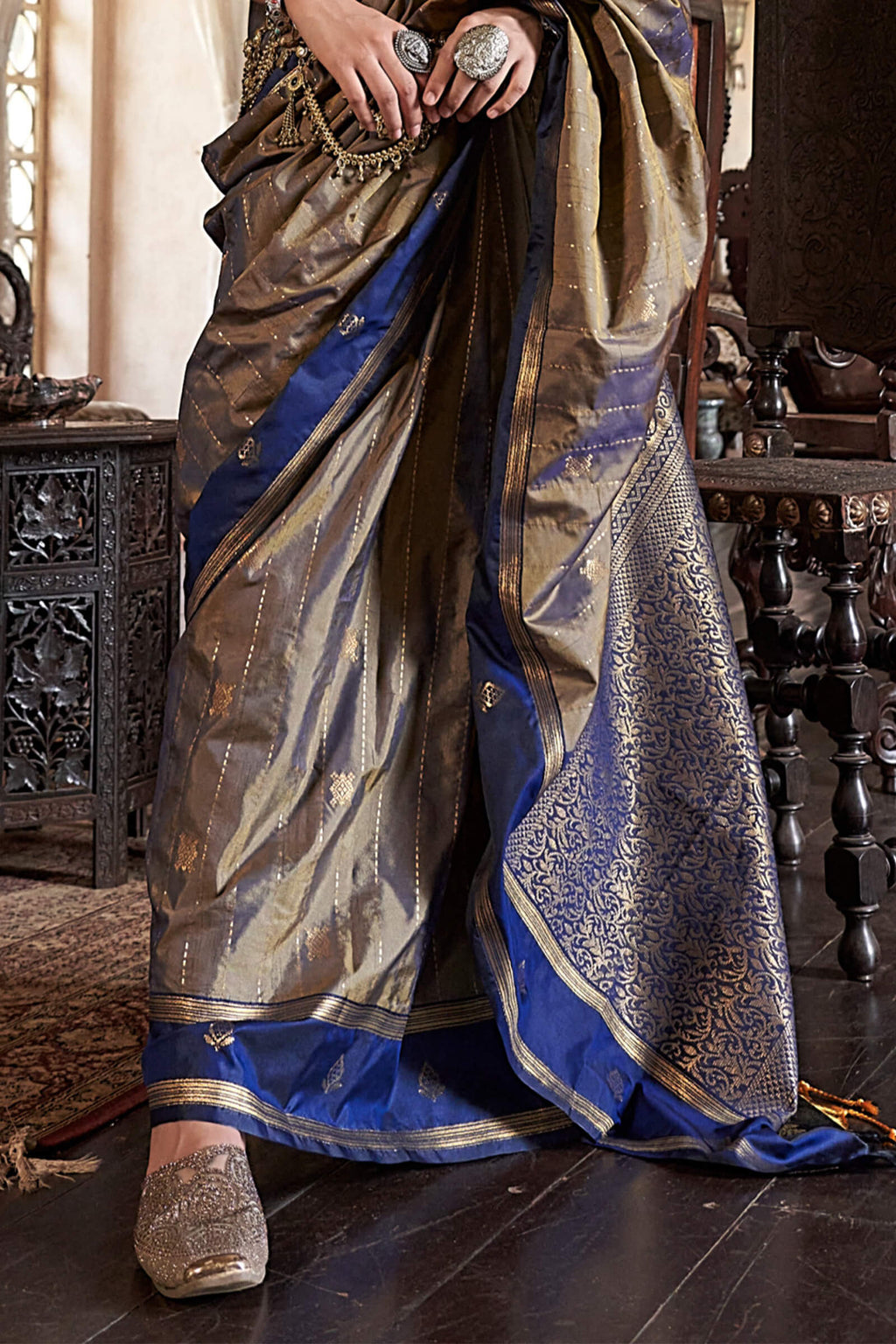 Greyish Brown Banarasi Tussar Silk Saree