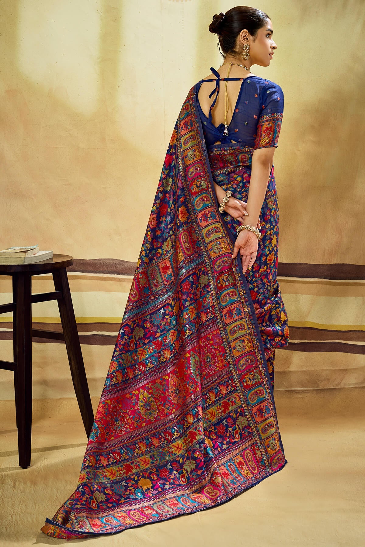 Gulf Blue Kashmiri Modal Pashmina Silk Saree