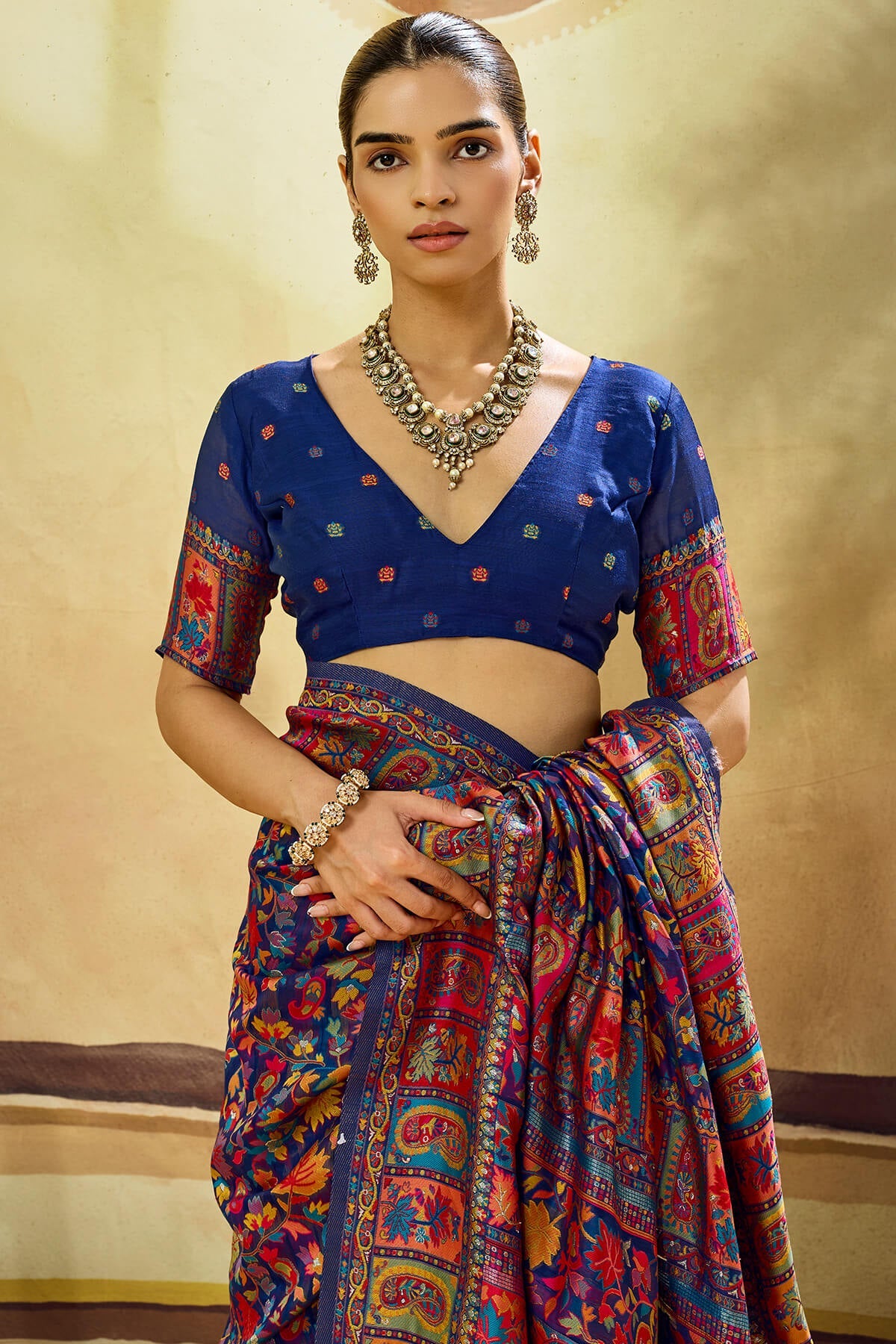 Gulf Blue Kashmiri Modal Pashmina Silk Saree