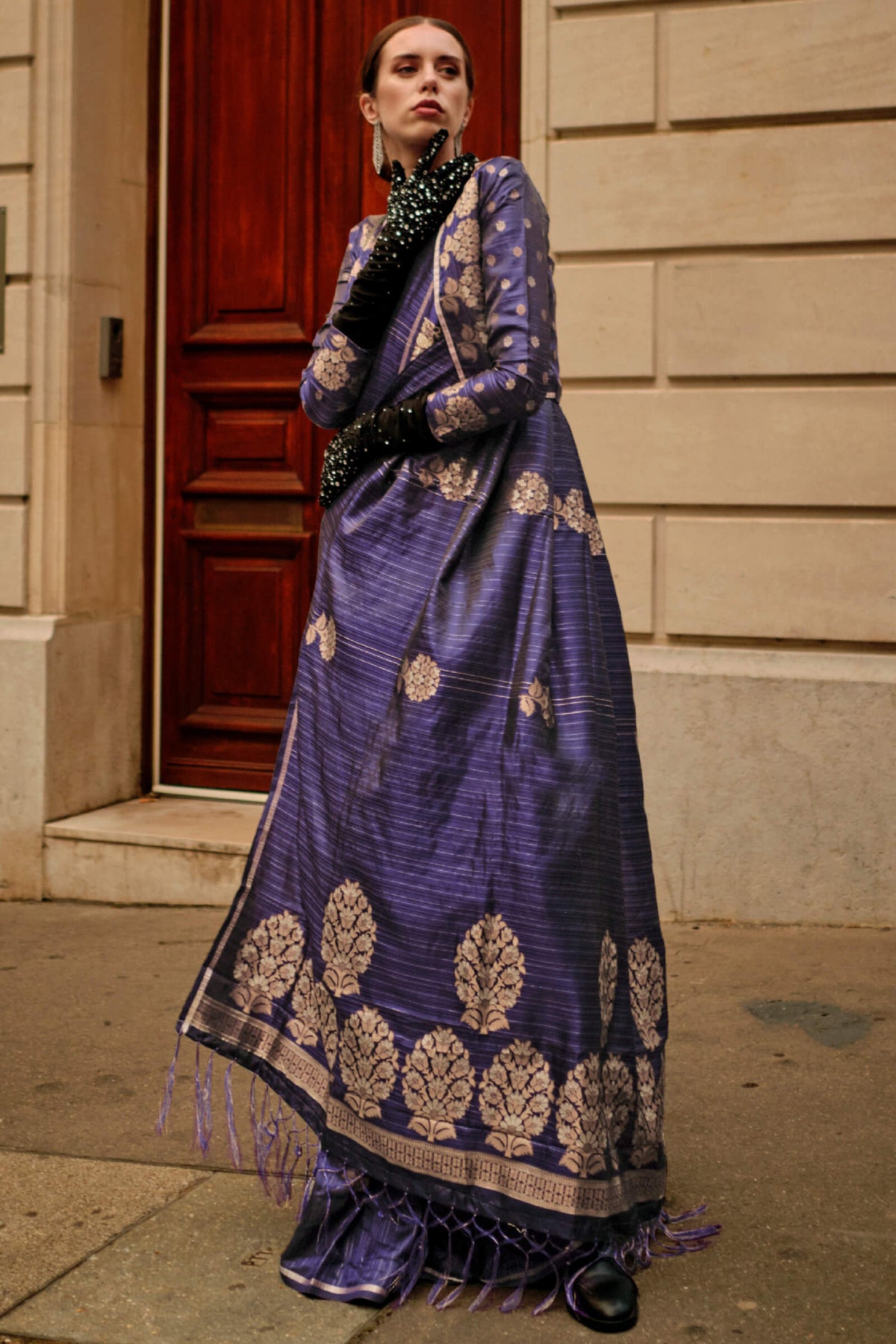 Gun Powder Blue Zari Line Banarasi Satin Silk Saree