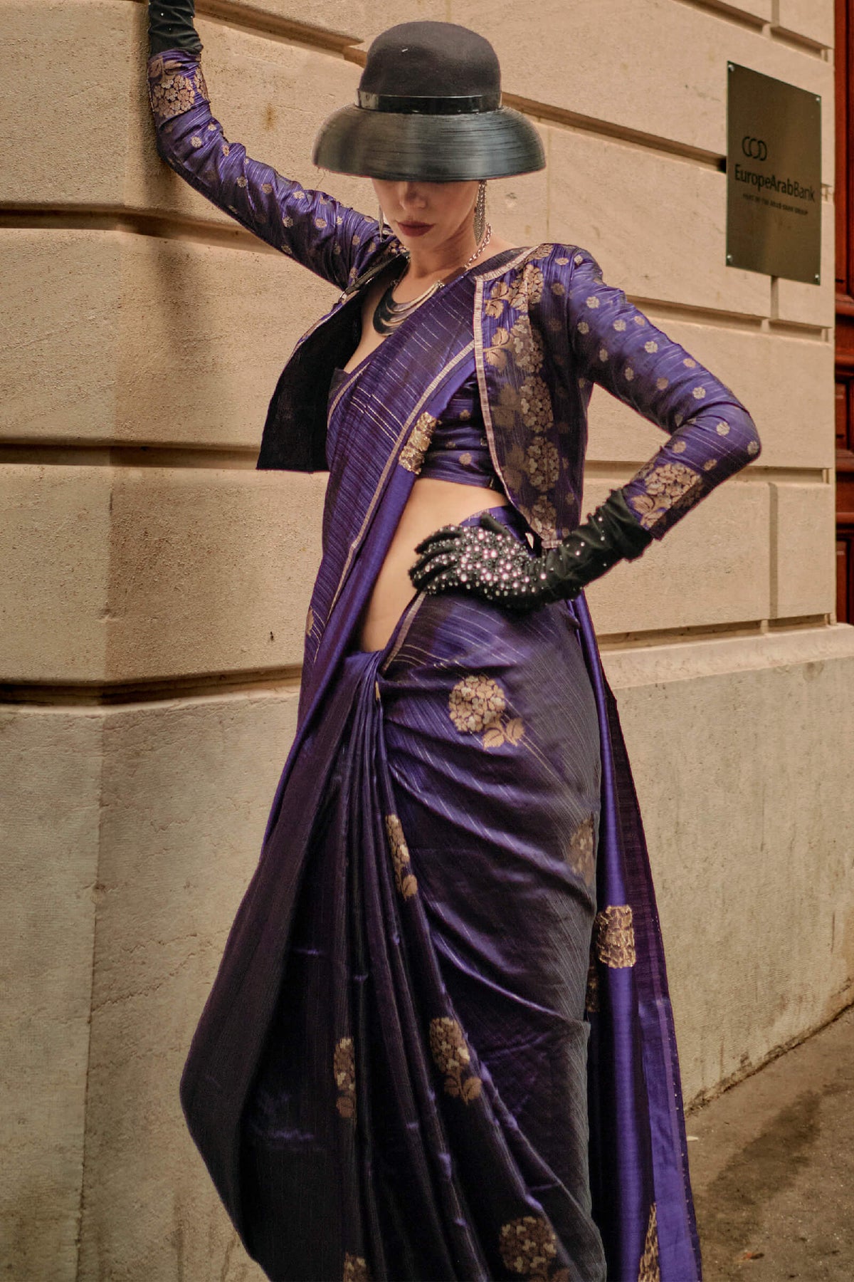 Gun Powder Blue Zari Line Banarasi Satin Silk Saree