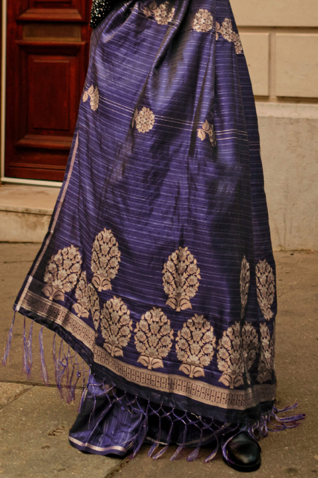 Gun Powder Blue Zari Line Banarasi Satin Silk Saree