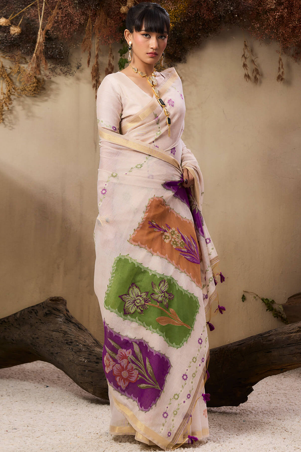 Hampton Beige Handloom Munga cotton Silk Saree
