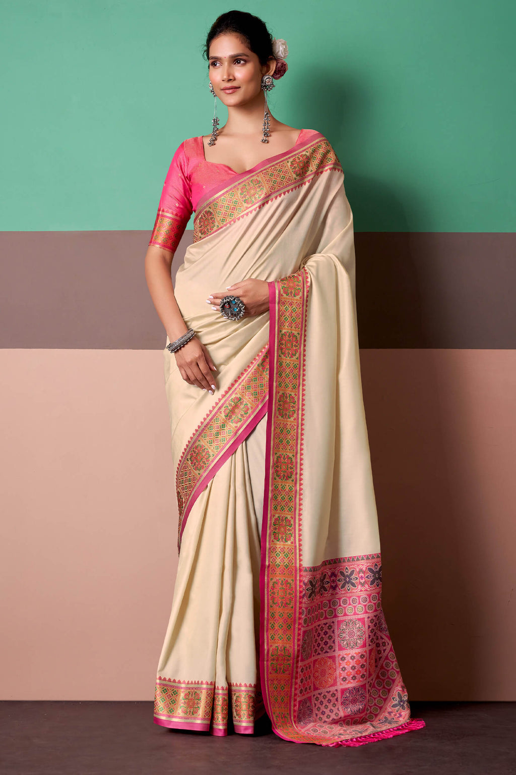 Hampton Beige Soft Patola Silk Saree
