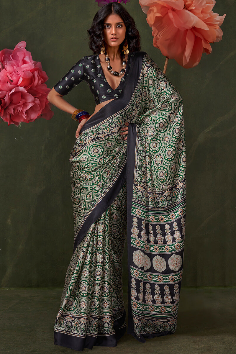 Hazel Green Ajrakh Printed Satin Silk Saree