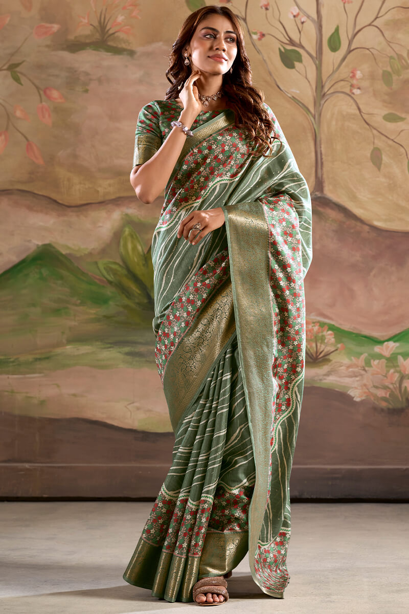 Hazel Green Printed Dola Silk Saree