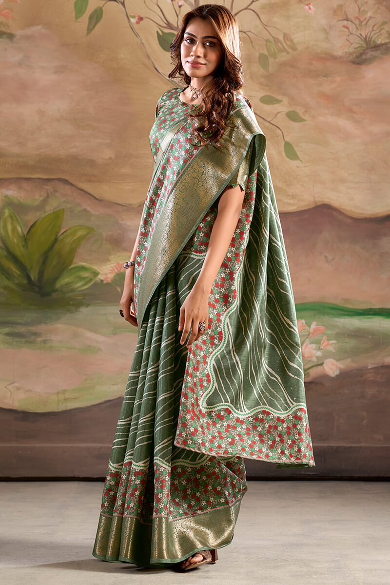 Hazel Green Printed Dola Silk Saree
