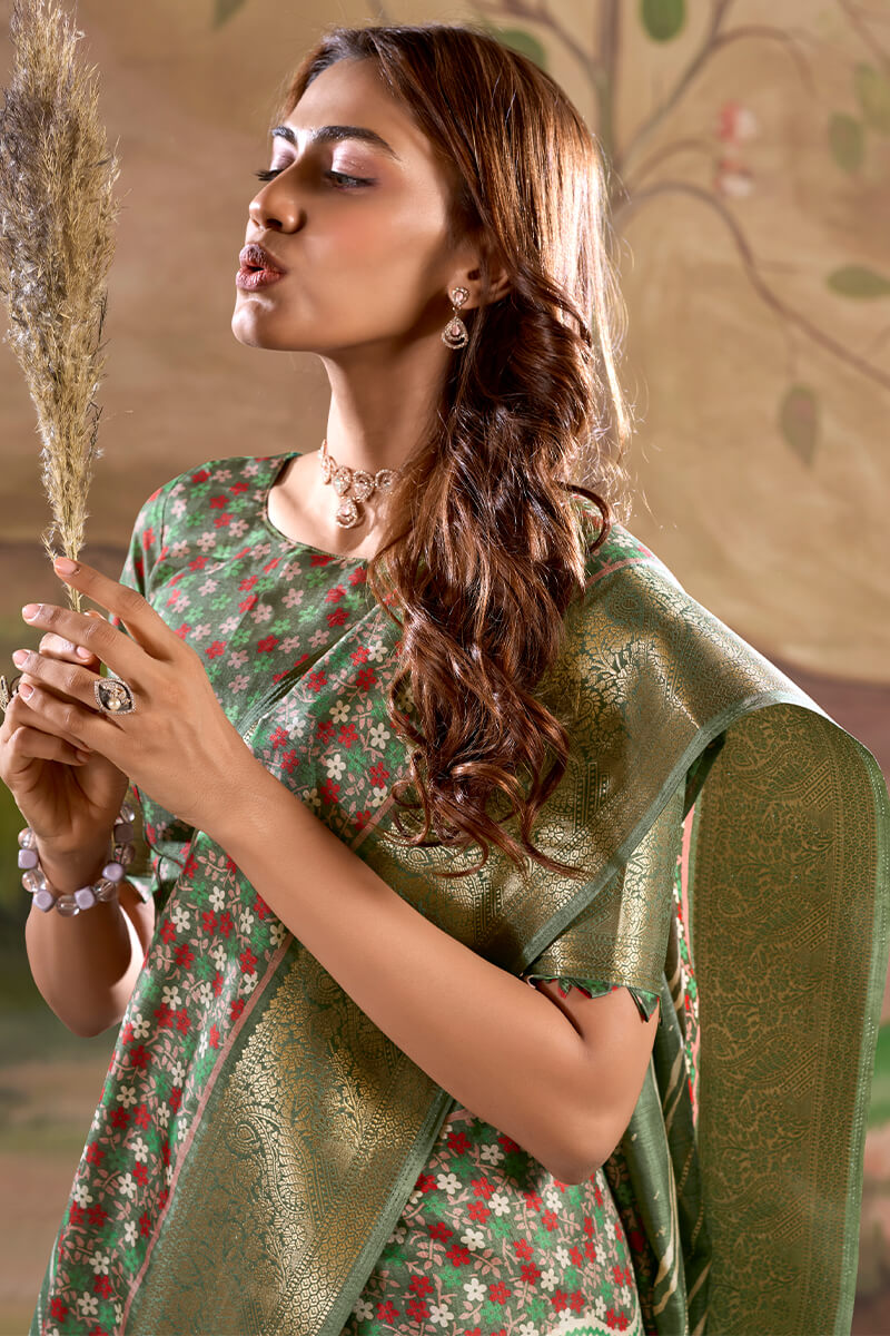 Hazel Green Printed Dola Silk Saree