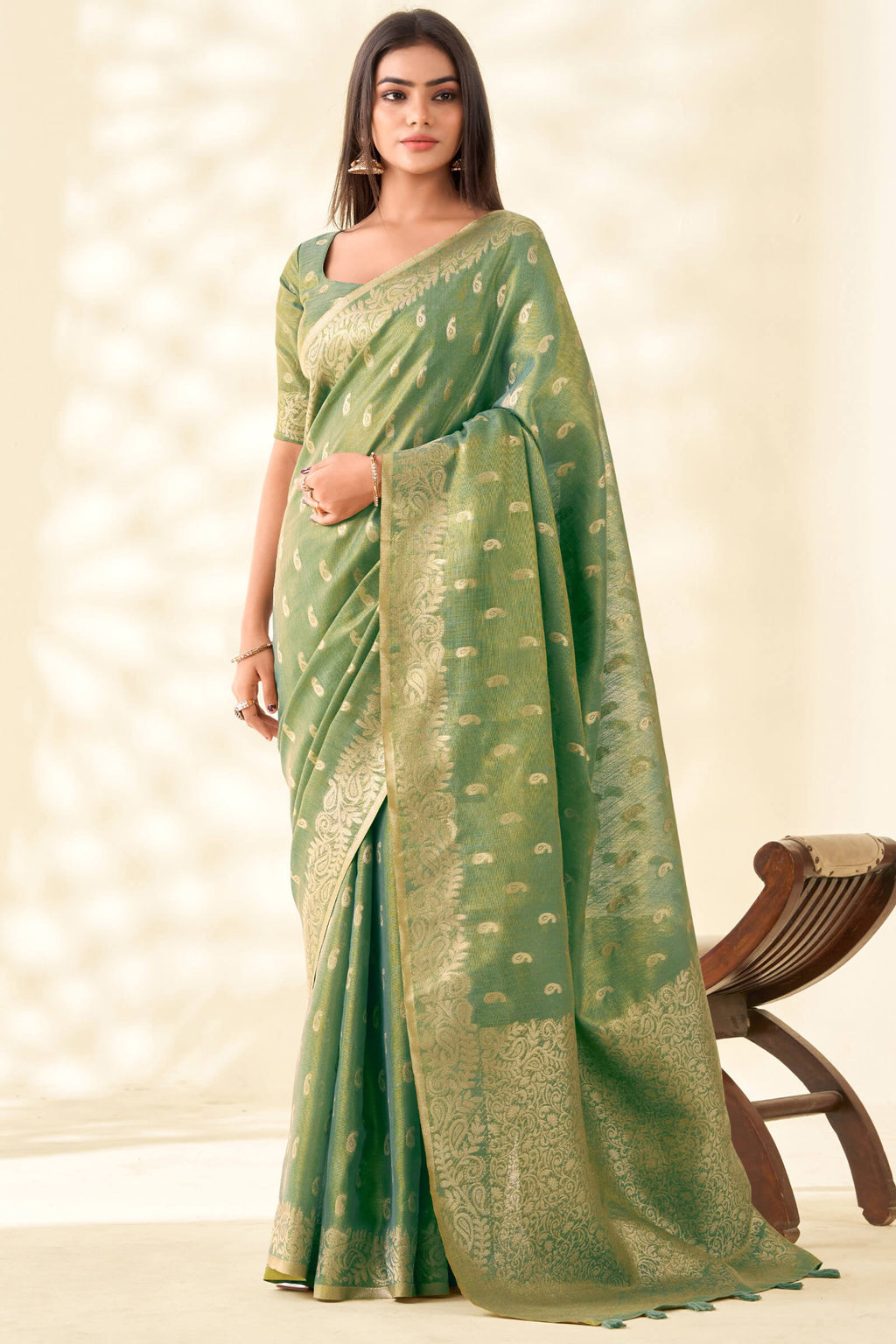 Hazel Green Tissue Linen Silk Saree