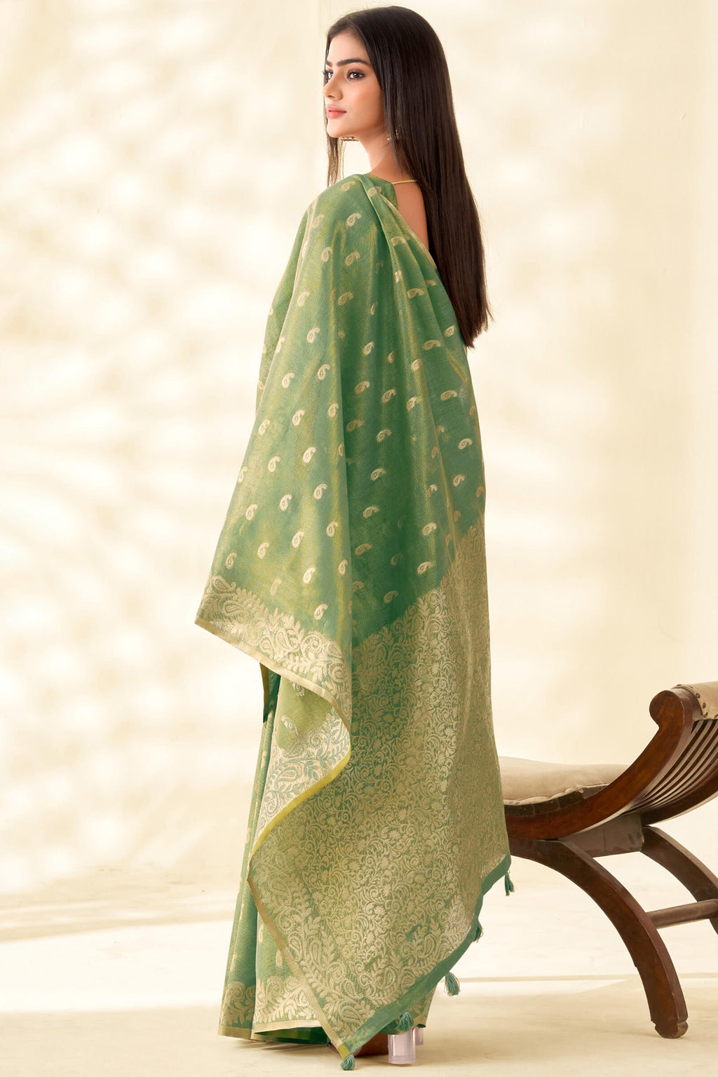 Hazel Green Tissue Linen Silk Saree