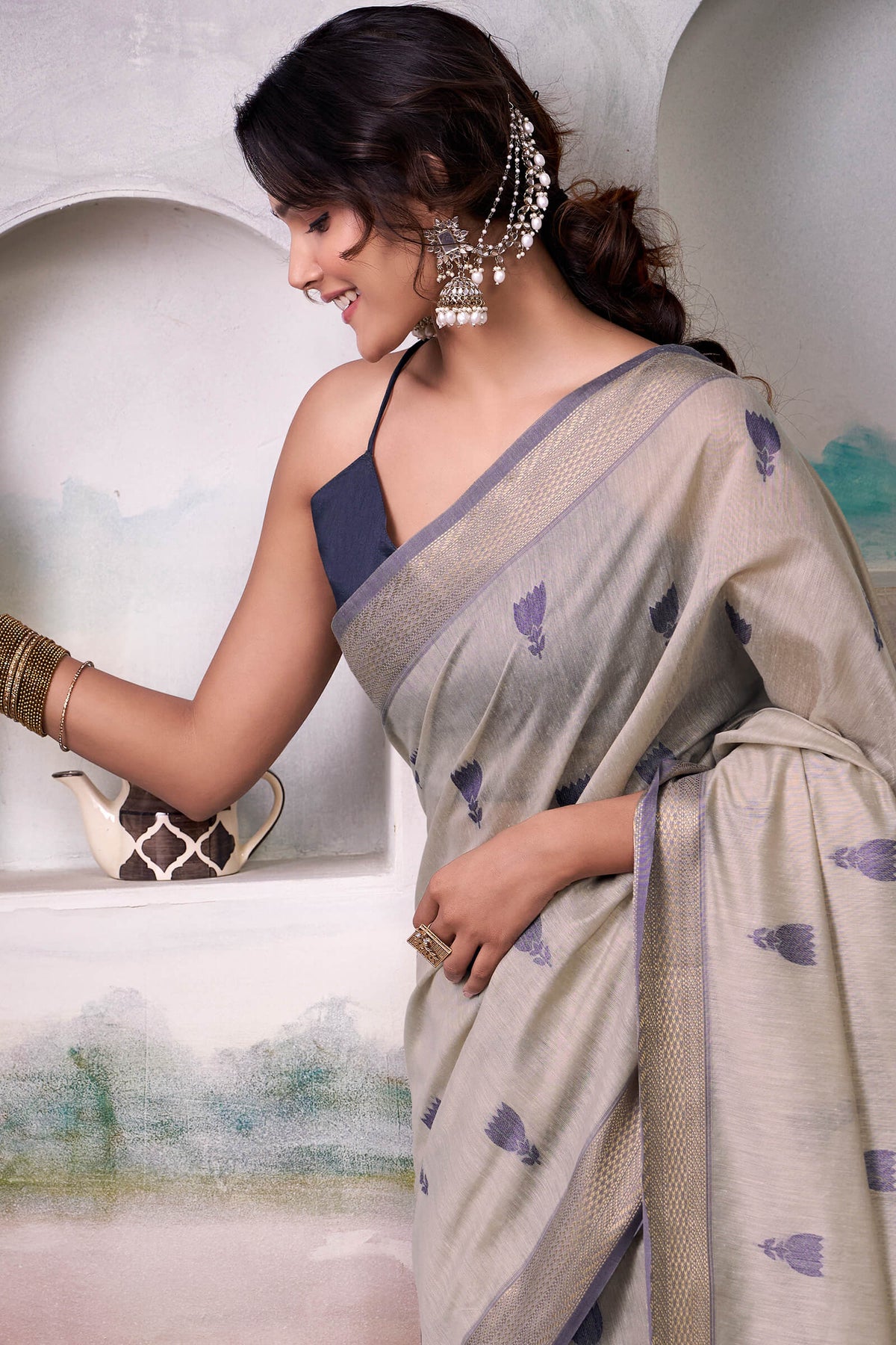 Heathered Grey Zari Woven Cotton Silk Saree