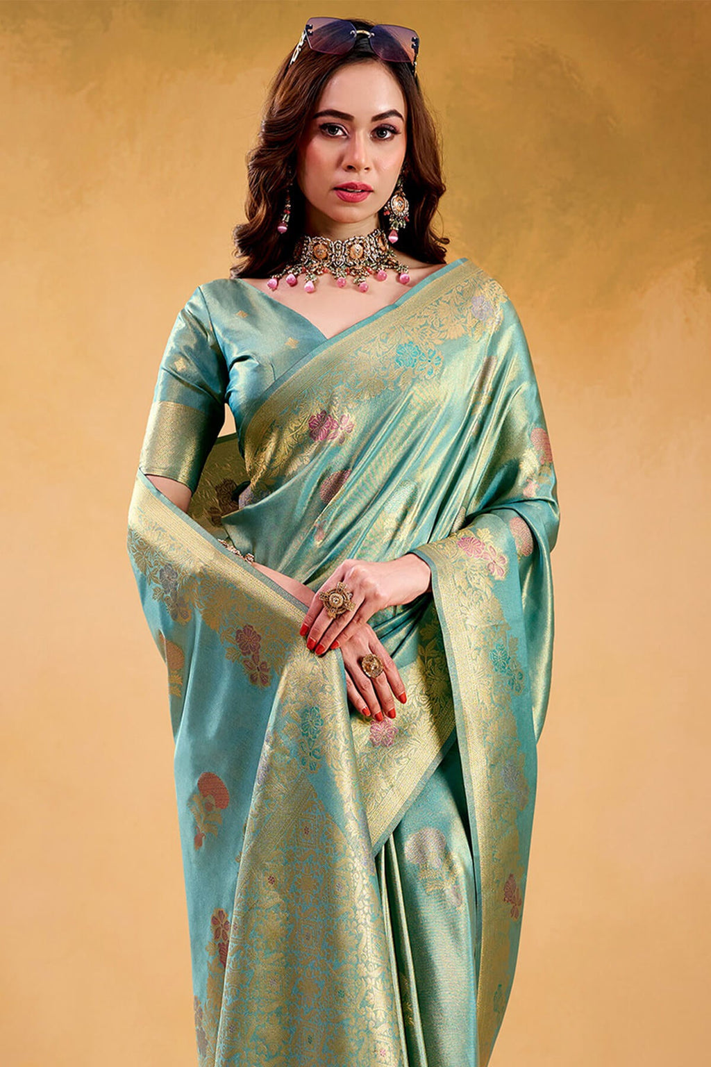 Hippie Blue Banarasi Tissue Silk Saree