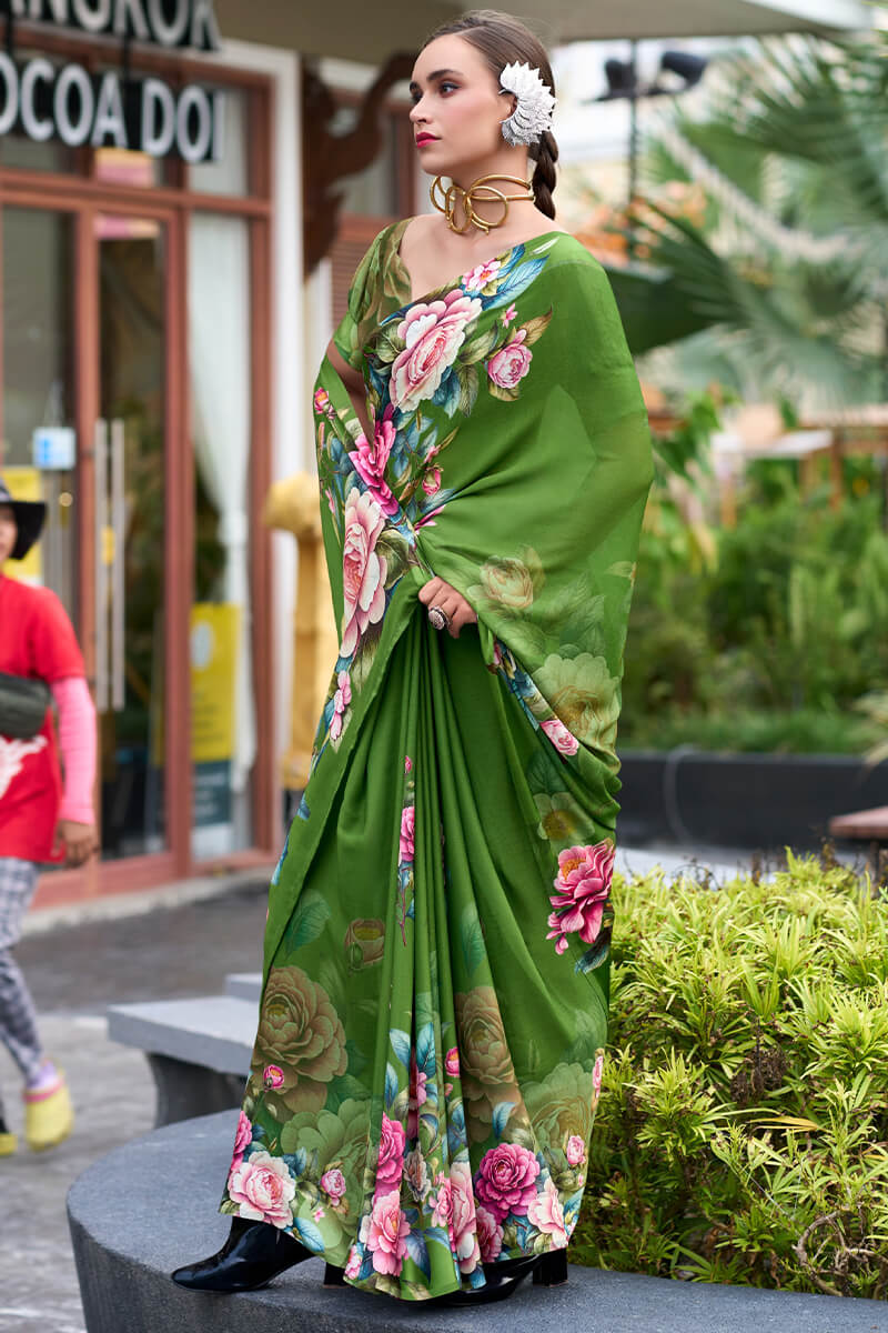 Hippie Green Printed Georgette Silk Saree