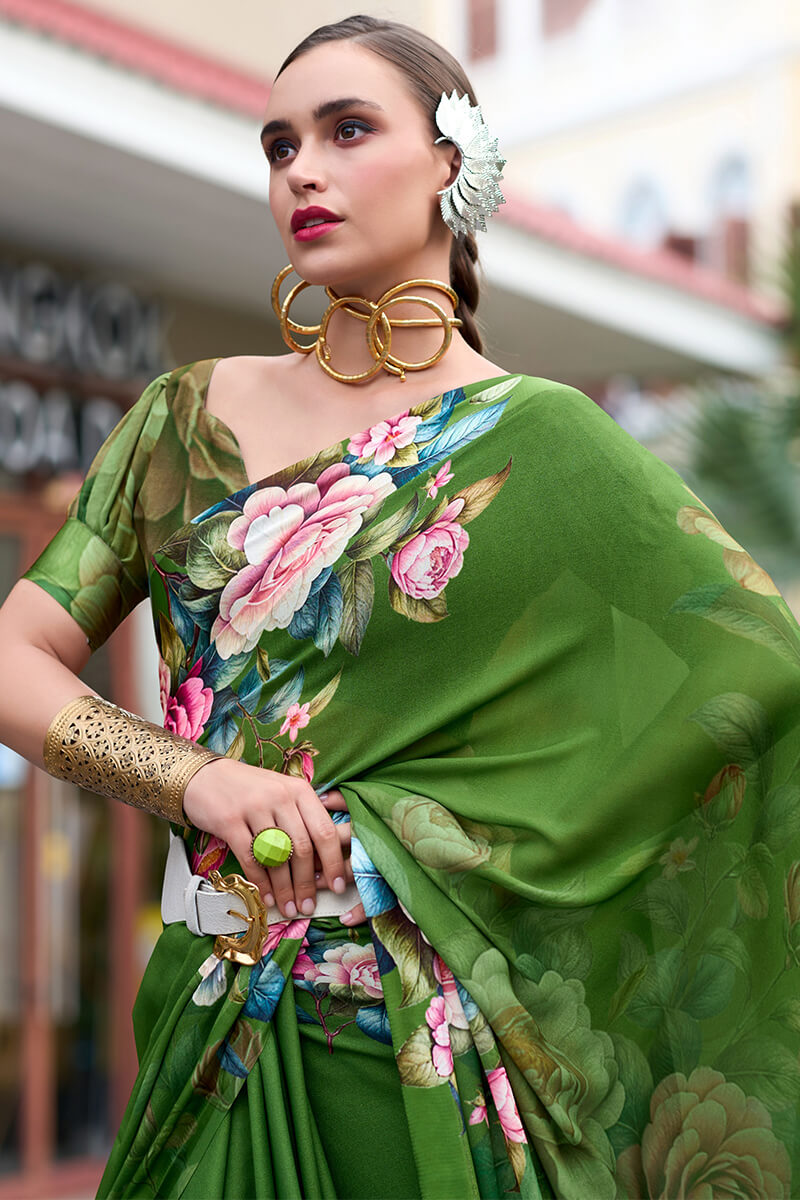 Hippie Green Printed Georgette Silk Saree
