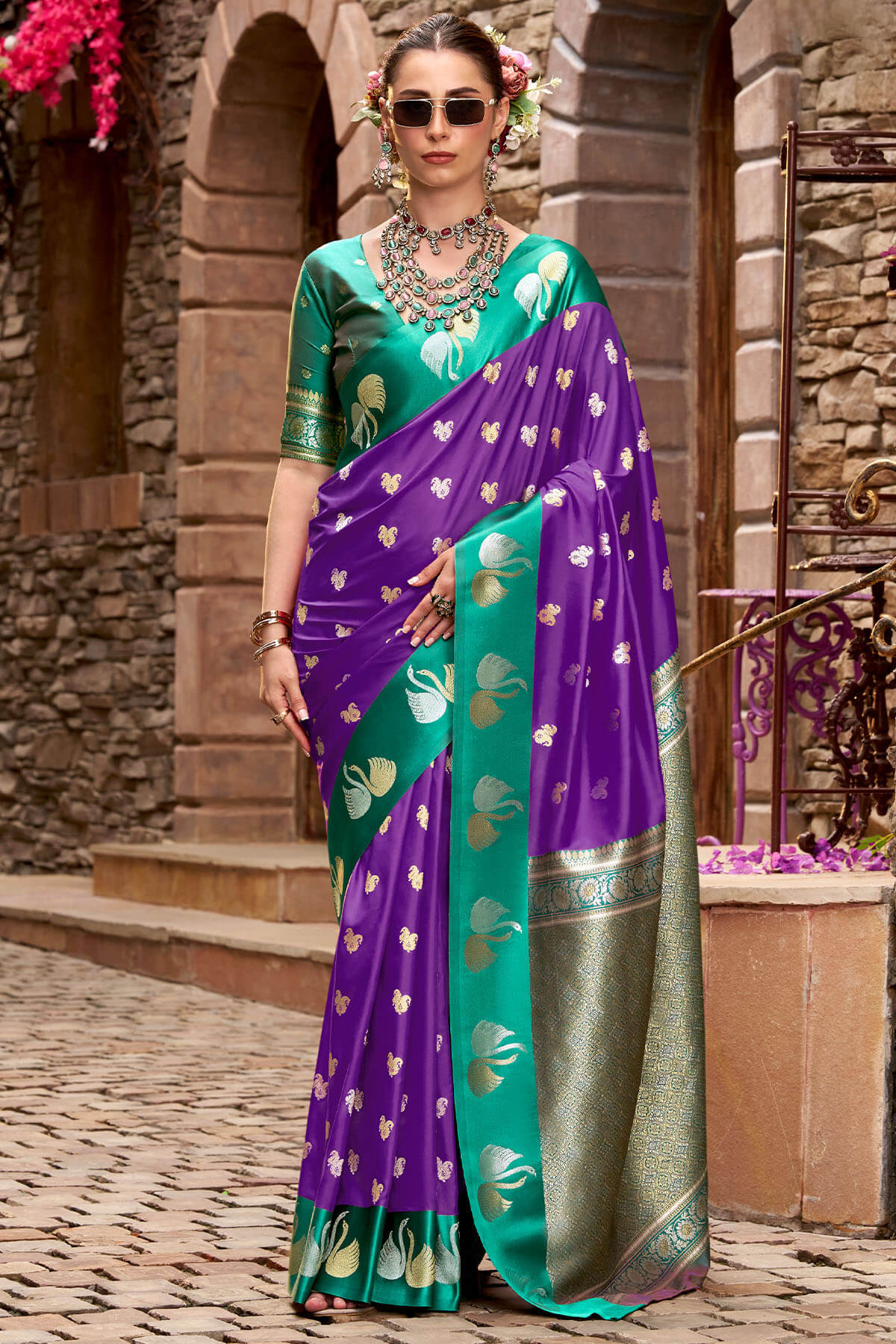 Honey Flower Purple Satin Silk Saree