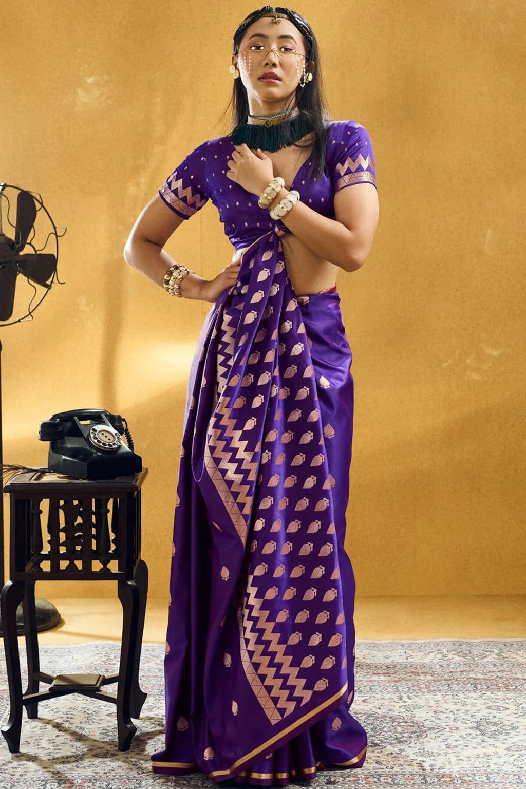 Honey Flower Purple Zari Woven Banarasi Satin silk saree