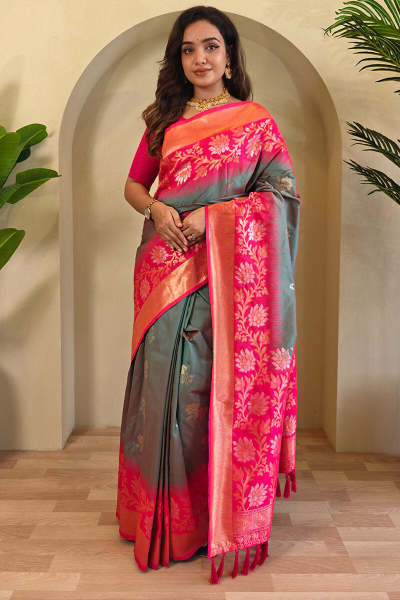 Horizon Grey Banarasi Silk Saree with Designer Chaap Border
