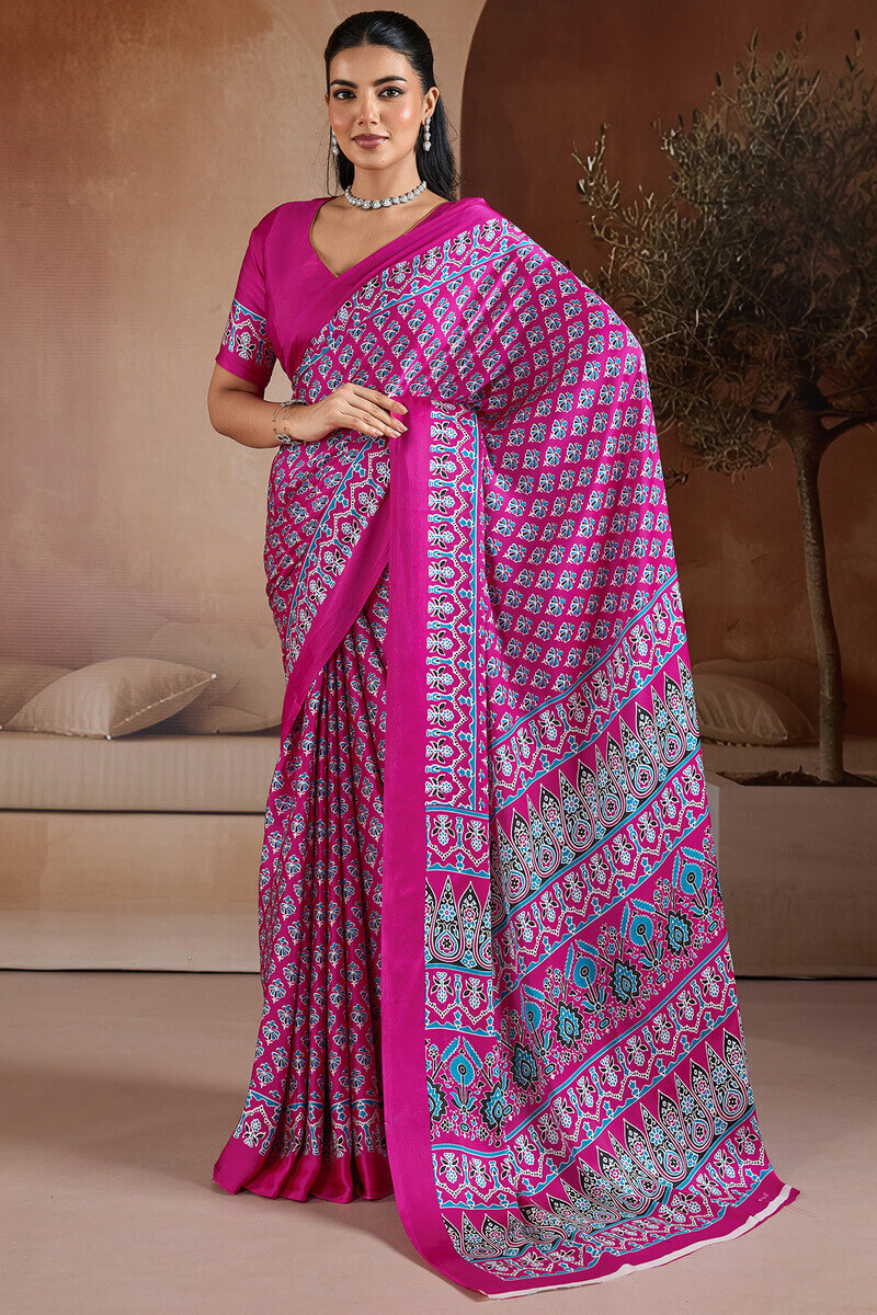 Hot Magenta Ajrakh Printed Satin Crepe Silk Saree