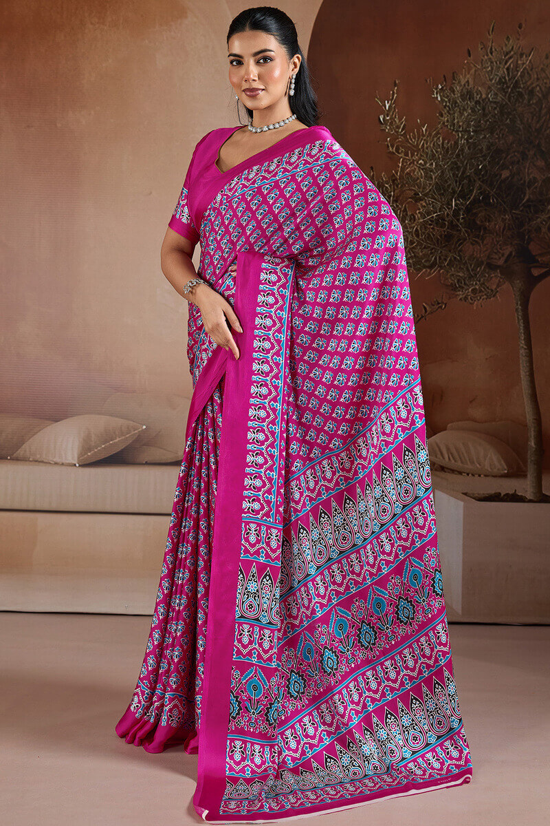 Hot Magenta Ajrakh Printed Satin Crepe Silk Saree
