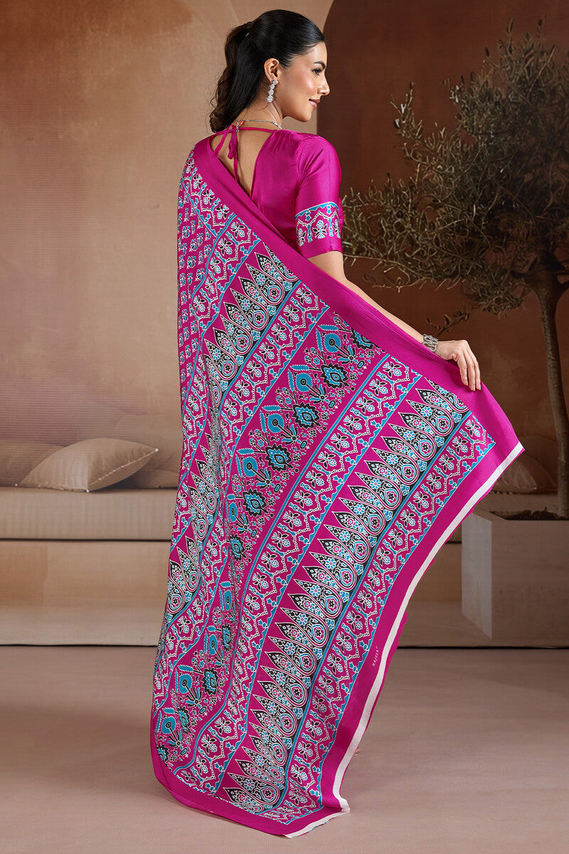 Hot Magenta Ajrakh Printed Satin Crepe Silk Saree