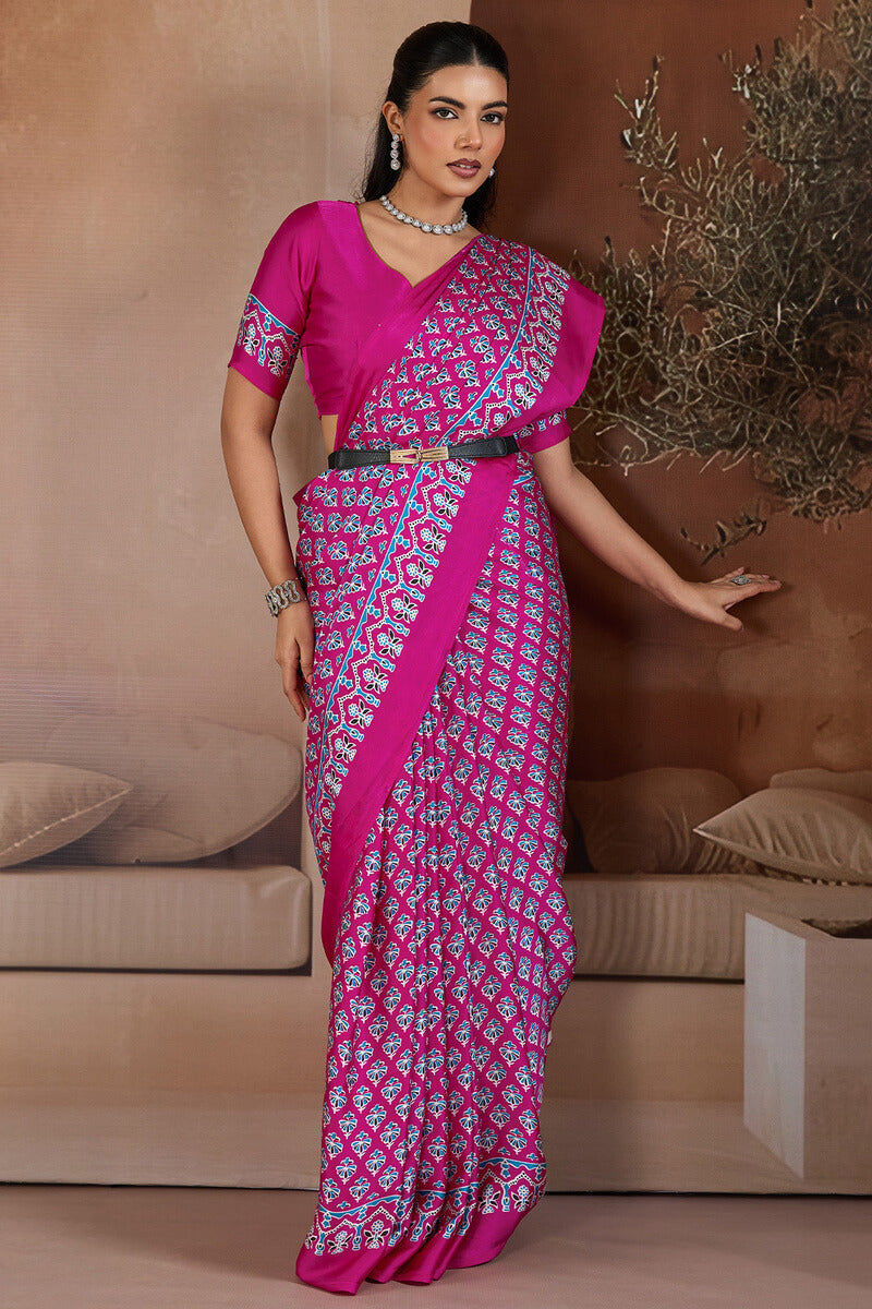 Hot Magenta Ajrakh Printed Satin Crepe Silk Saree