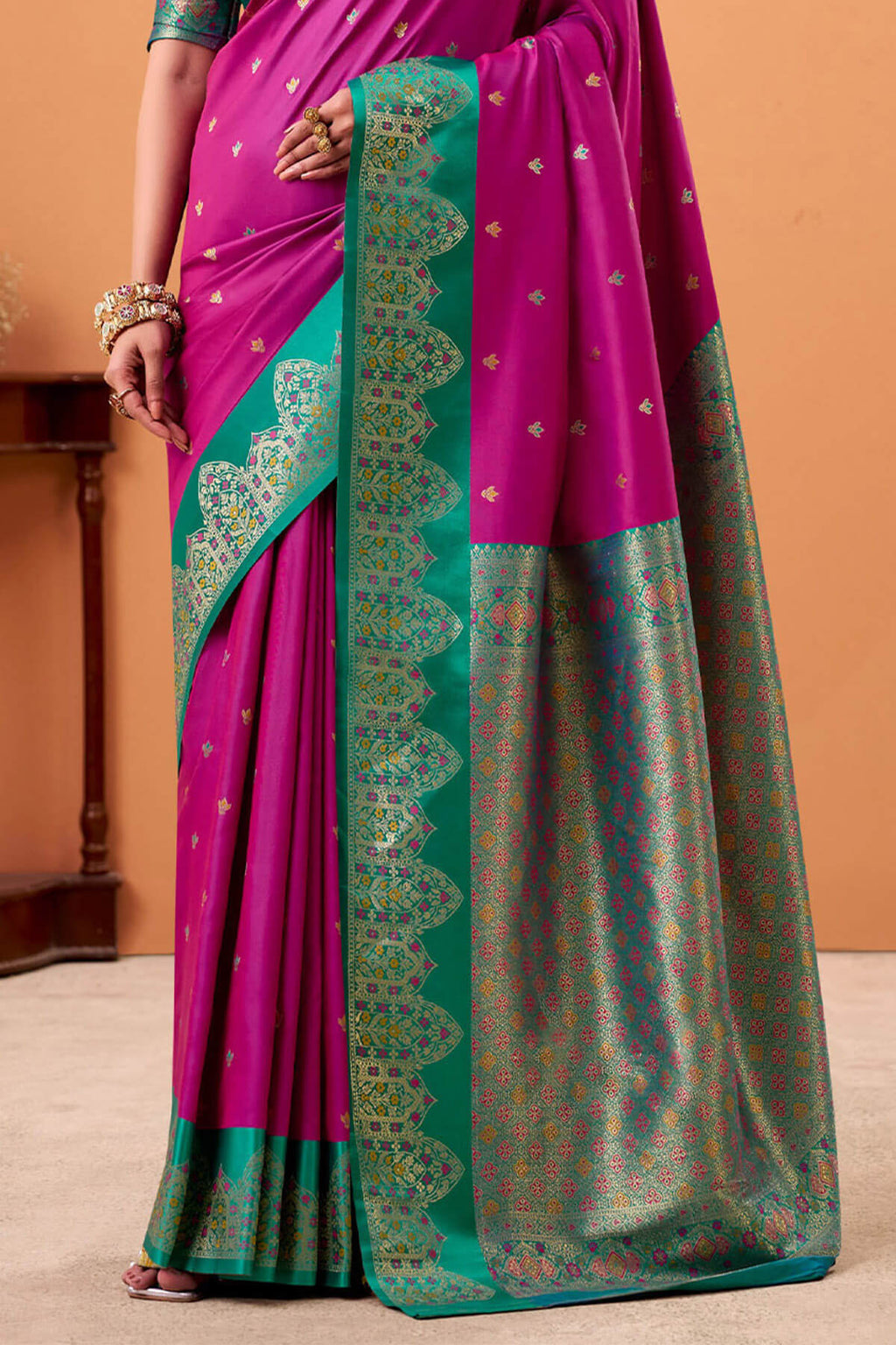 Hot Magenta Zari Woven Satin Silk Saree